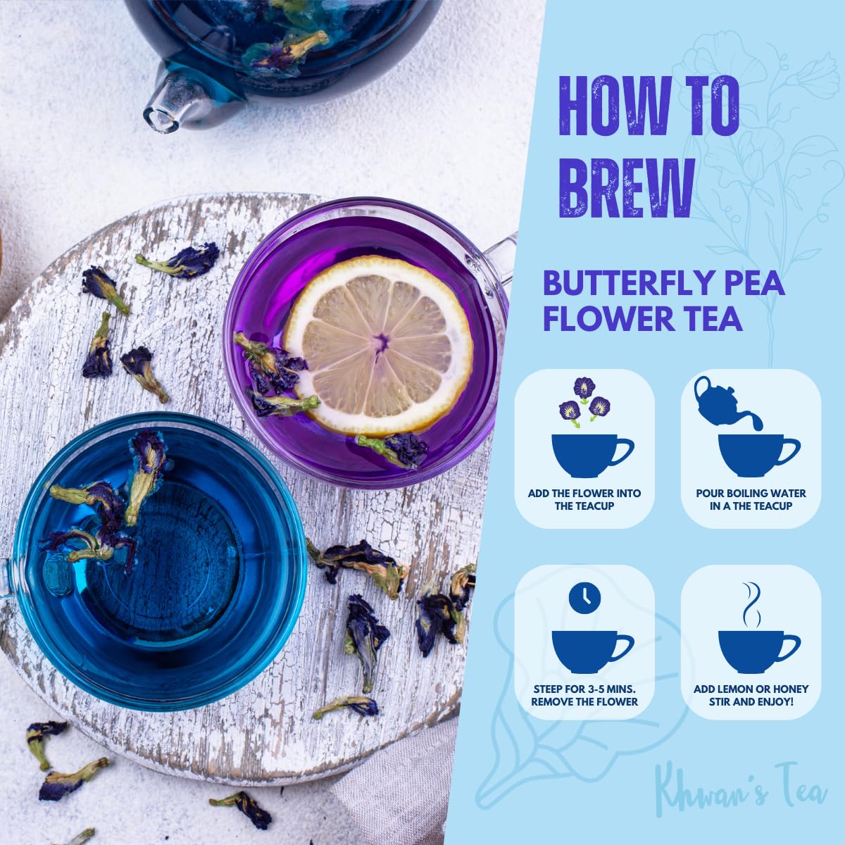 KHWAN'S TEA Butterfly Pea Flower Tea, USDA Organic Loose Dried Whole Flowers 1.8 oz (50g), 120+ Cups, Caffeine-Free Antioxidant-Rich Herbal Tea