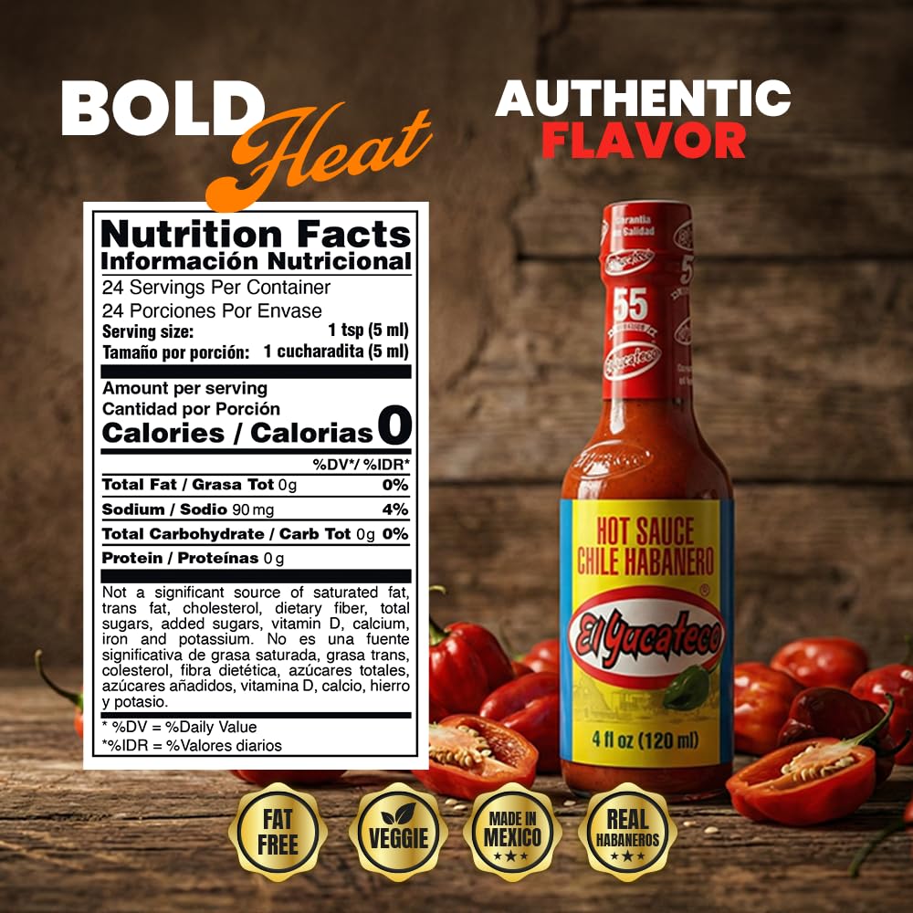 El Yucateco Red Habanero Hot Sauce, Salsa Picante de Chile Habanero, Gluten Free, Sugar Free, 4 oz, 6 Pack (Habanero)
