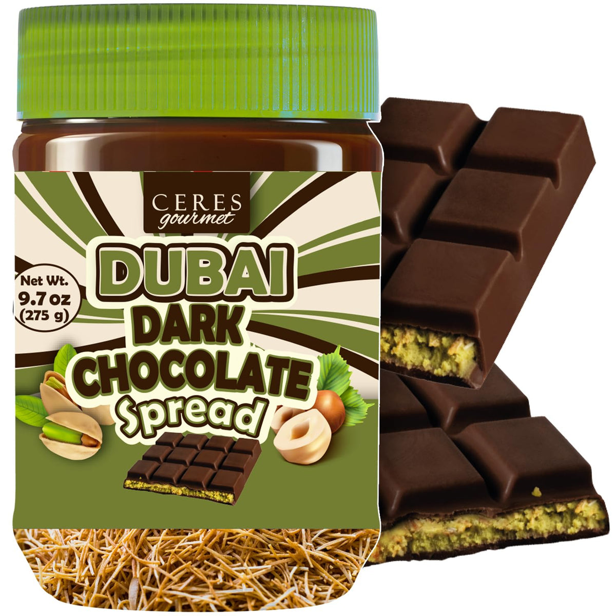 Dubai Dark Chocolate Spread 9.7 oz Jar with Pistachio Cream, Crispy Kataifi