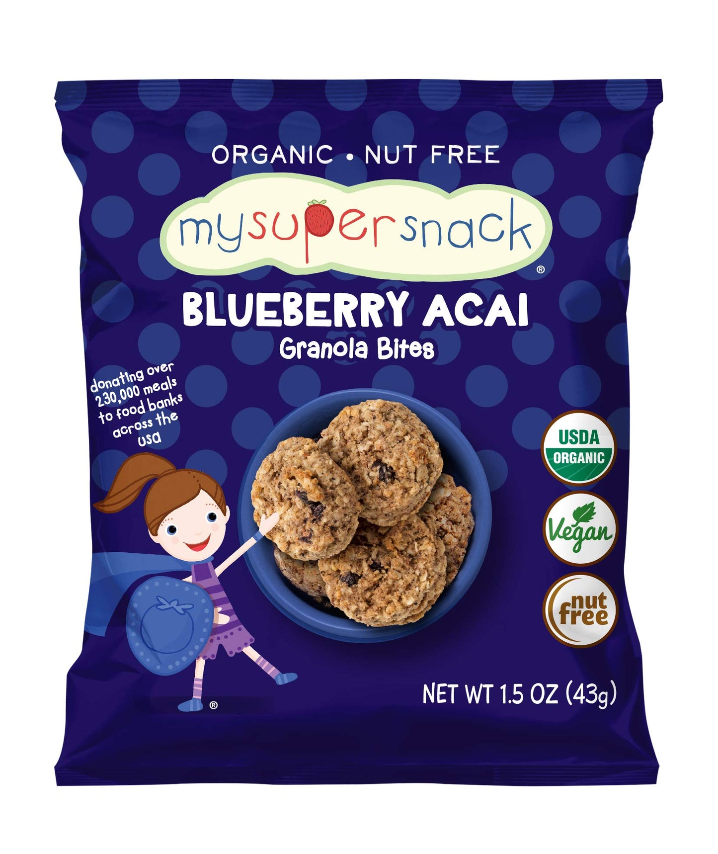 MySuperSnack Organic Granola Bites (Blueberry Acai) - 12 Snack Packs, Healthy Snacks for Kids, Nut Free
