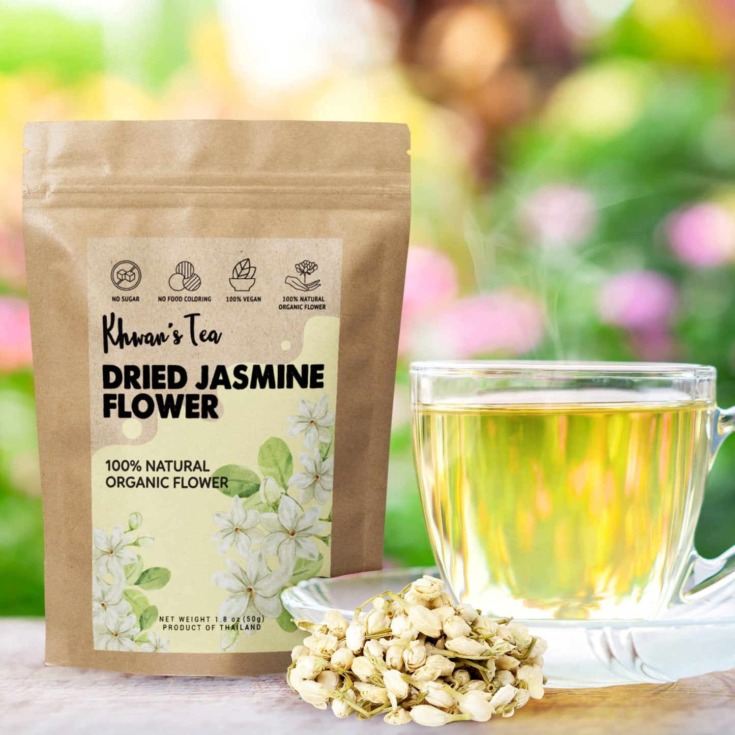 KHWAN'S TEA Dried Jasmine Flowers - Thai-Grown Whole Buds, Hand-Picked & Sun-Dried - Caffeine-Free Loose Leaf Jasmine Flower Tea, Non-GMO, 1.76 oz