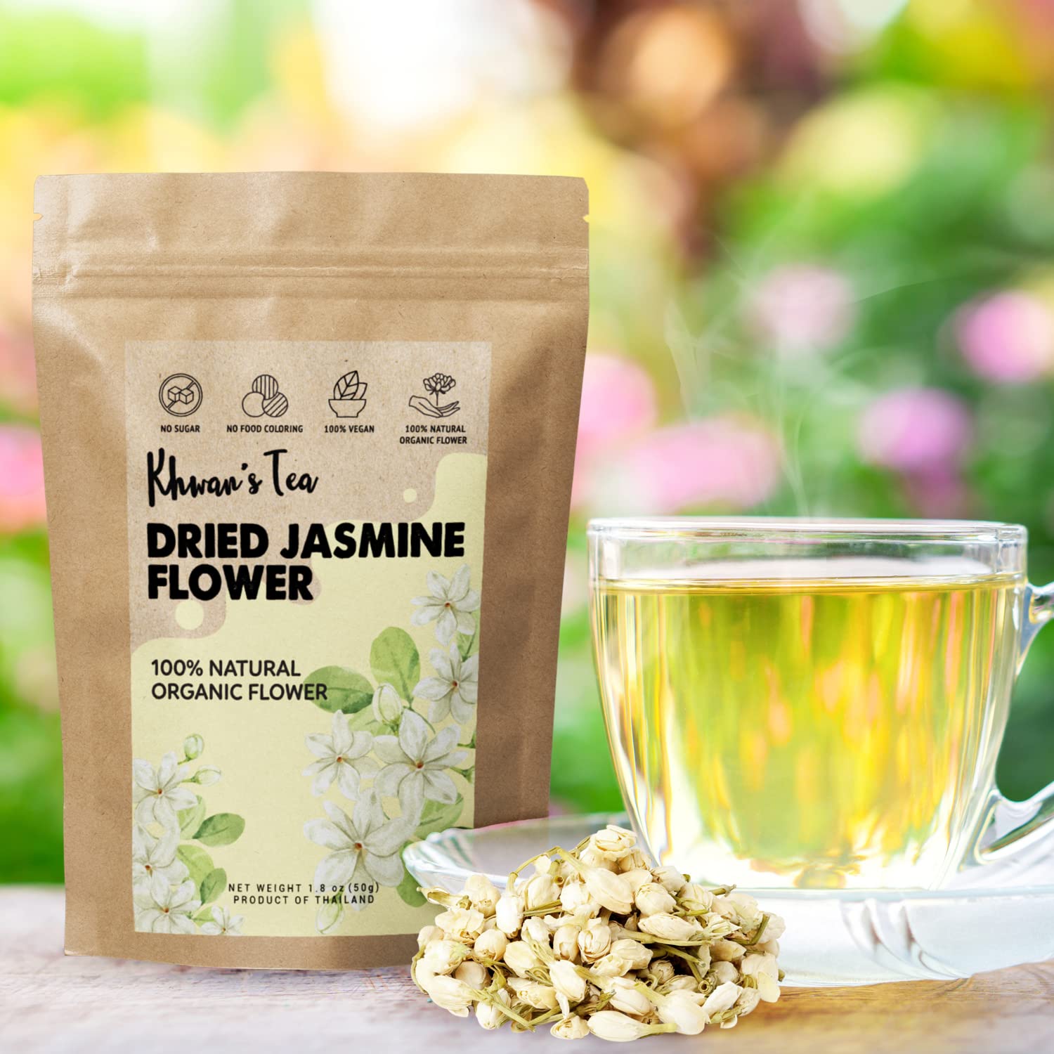 KHWAN'S TEA Dried Jasmine Flowers - Thai-Grown Whole Buds, Hand-Picked & Sun-Dried - Caffeine-Free Loose Leaf Jasmine Flower Tea, Non-GMO, 1.76 oz