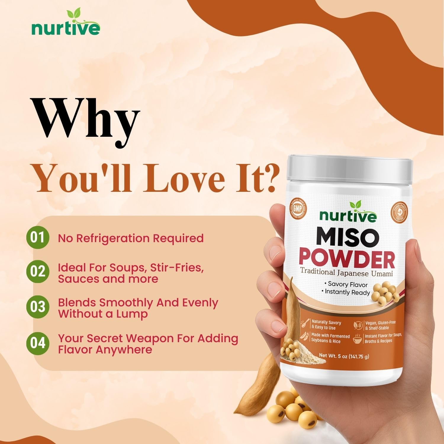 Nurtive Miso Powder - Japanese Umami-Inspired Instant Seasoning for Soup, Broth, Marinades & Sauces - Fermented Soybeans & Rice - No Refrigeration