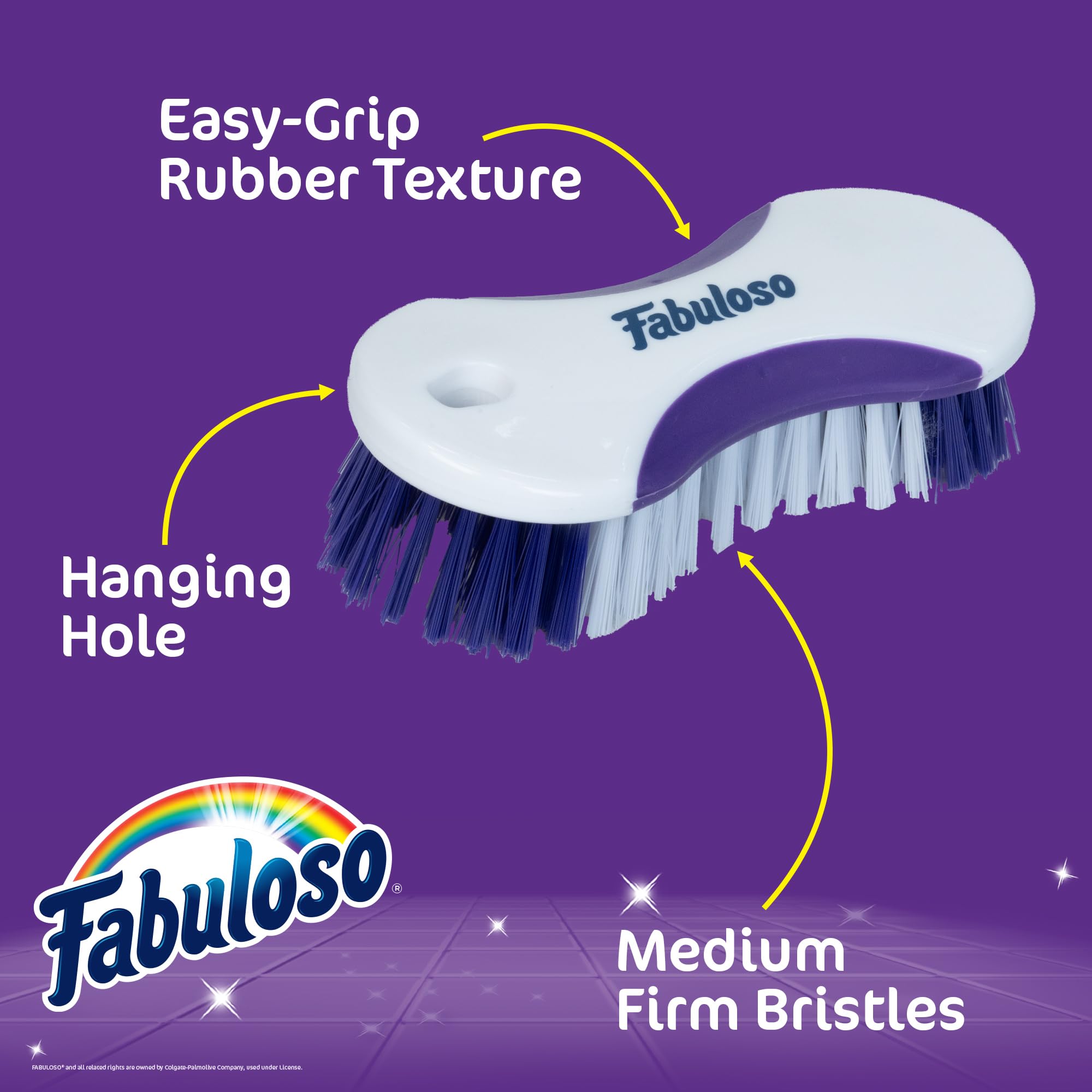 Fabuloso Cleaning Brush, Compact Hand Scrub Brush with Easy Grip Rubber Texture for Kitchen, Bathroom, Tile, Baseboards and Floors, Firm Bristles