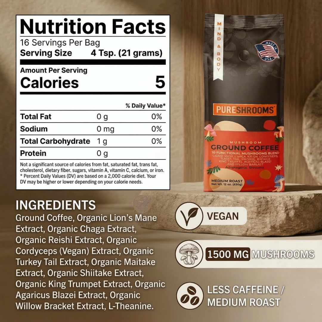 Mushroom Ground Coffee w/ 10 Organic Mushroom Extracts - King Trumpet, Agaricus Blazei, Willow Bracket, Lion's Mane, Chaga, Reishi, Cordyceps, Turkey