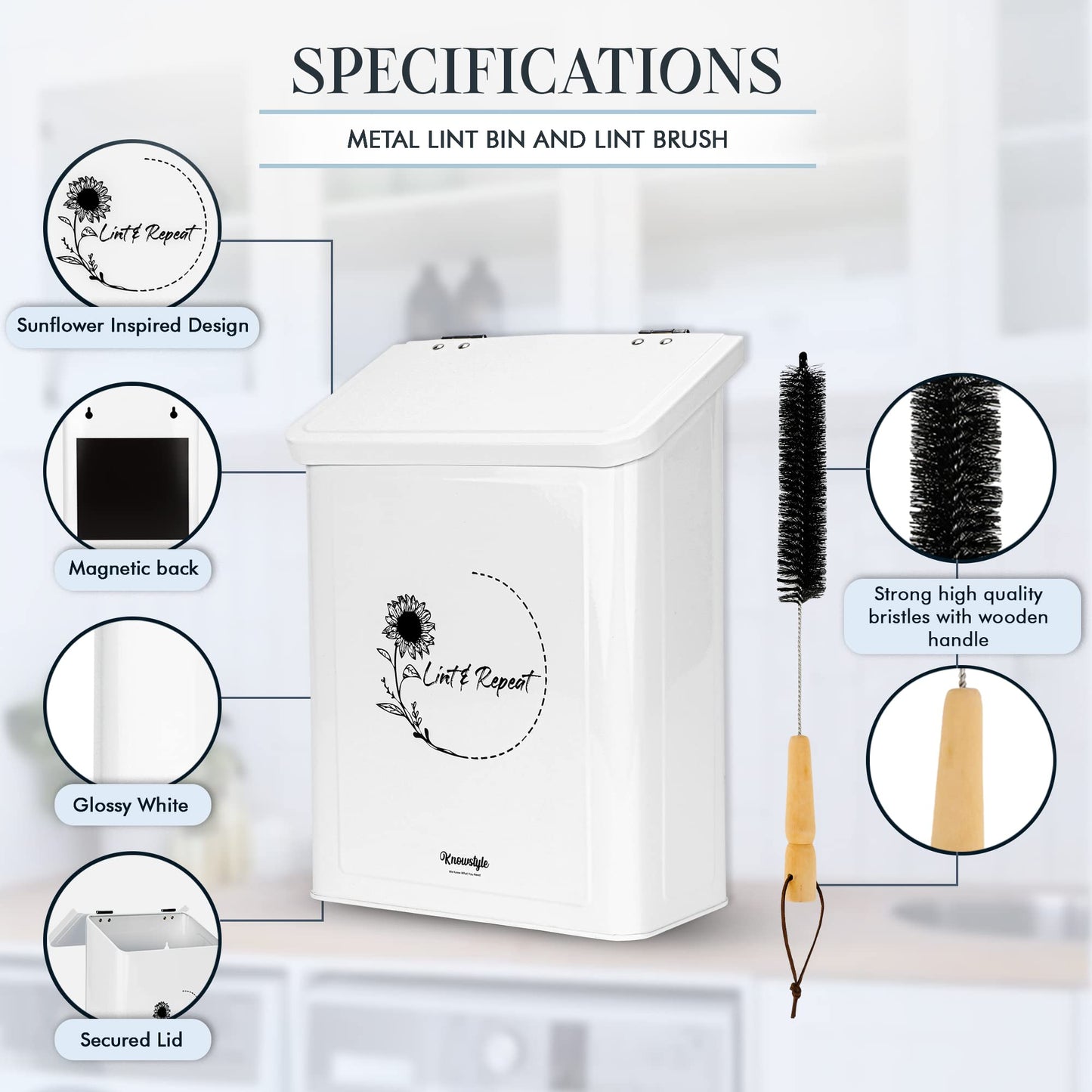Knowstyle Metal Magnetic Lint Bin for Laundry Room Decor - Laundry Room Trash Can with Dryer Lint Brush for Dryer Vent - Metal Laundry Lint Bin