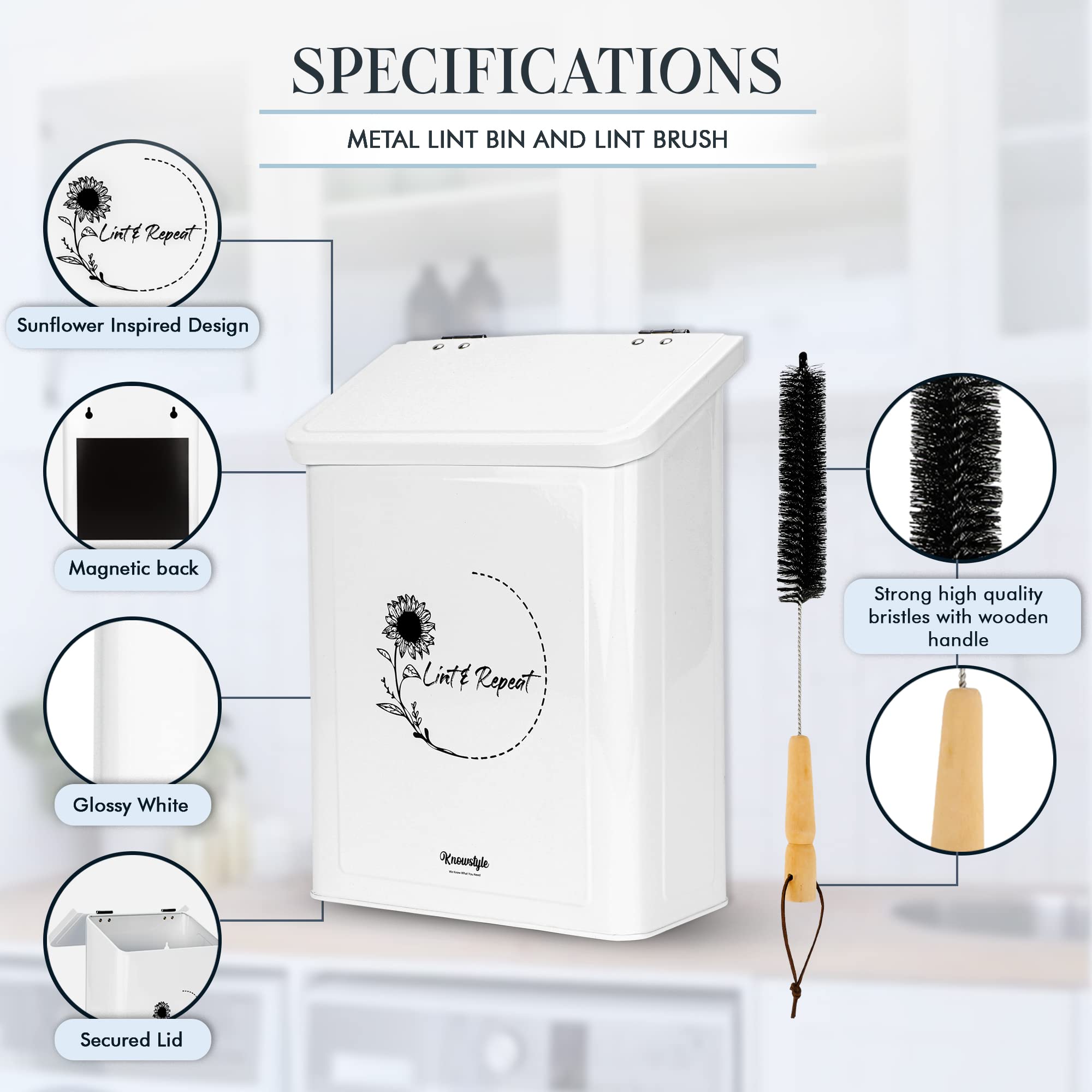 Knowstyle Metal Magnetic Lint Bin for Laundry Room Decor - Laundry Room Trash Can with Dryer Lint Brush for Dryer Vent - Metal Laundry Lint Bin