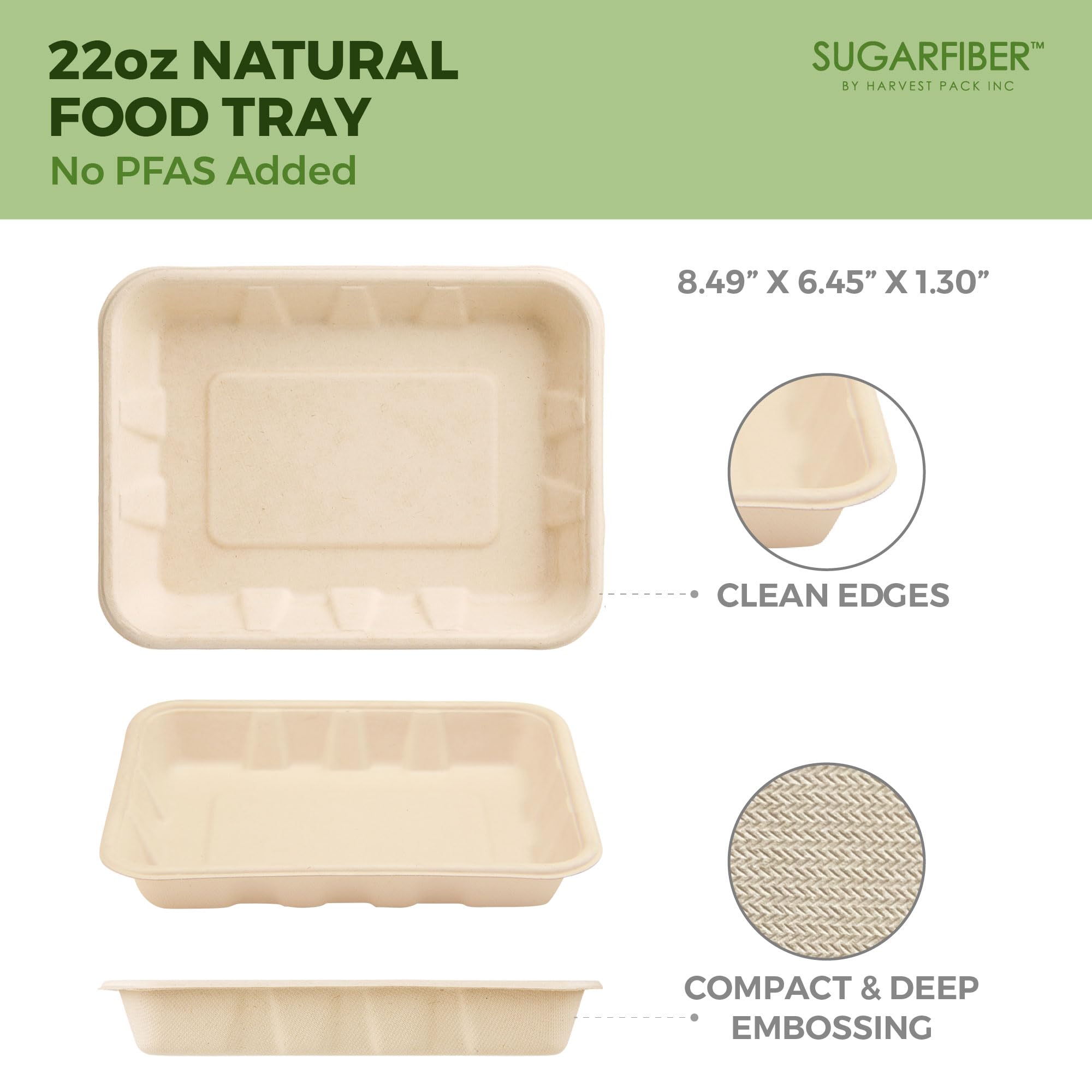 [100 COUNT]Harvest Pack 22 oz Compostable Food Trays, 8.49" x 6.45" x 1.3" Disposable PFAS FREE Food Container, Bagasse Serving Paper Plates