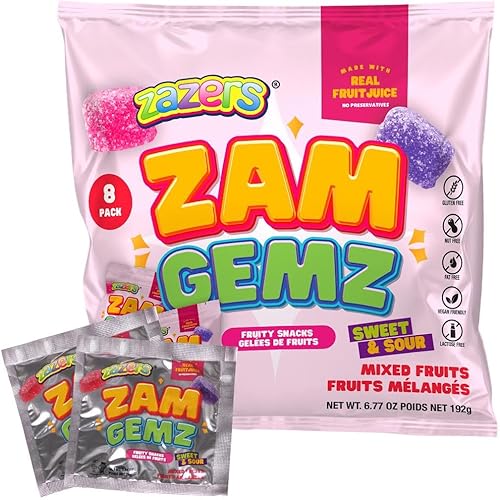 Zazers ZAM GEMZ Fruity Snack - Sweet & Sour Mixed Fruit Jellies - 8 Small Bags (192g Total) - Made with Real Fruit Juice, Gluten-Free, Nut-Free