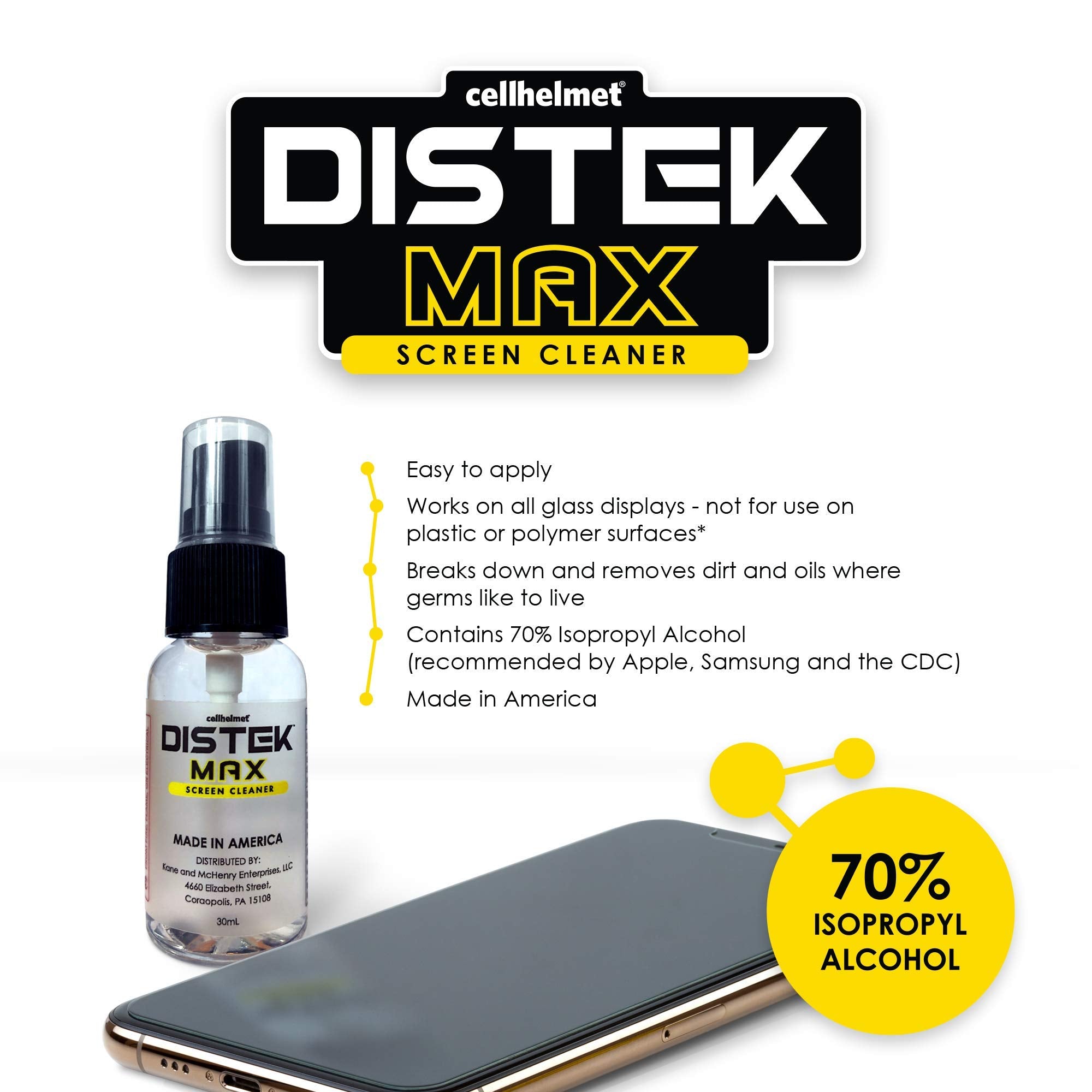 cellhelmet DISTEK Max Screen & Phone Cleaner | 70% Isopropyl Alcohol Formula | Safe for All Devices | Anti-Streak & Fast-Drying | 30mL Travel Size |