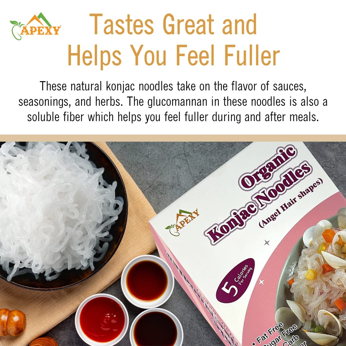 Apexy Organic Shirataki Konjac Noodle 8 Pouches Total 42.24oz. Low Calorie, Low-Carb Gluten Free, Vegan, Keto and Paleo-Friendly. (Angel Hair Shapes)