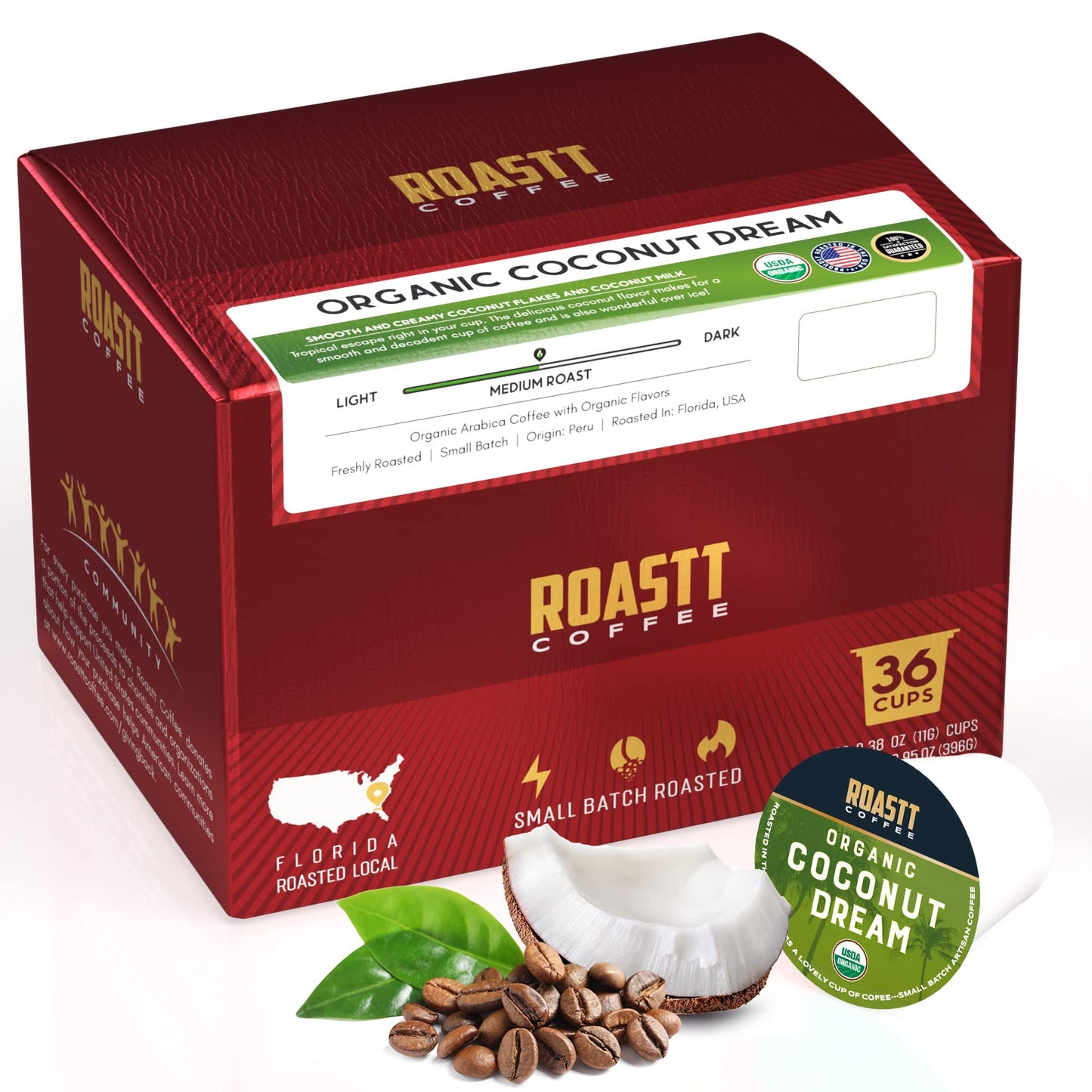 Organic Coconut Coffee Pods for Keurig K Cup Compatible Brewers, Organic Medium Roast Caffeinated Coconut Coffee Pods, Brew Hot or over Ice - Coconut