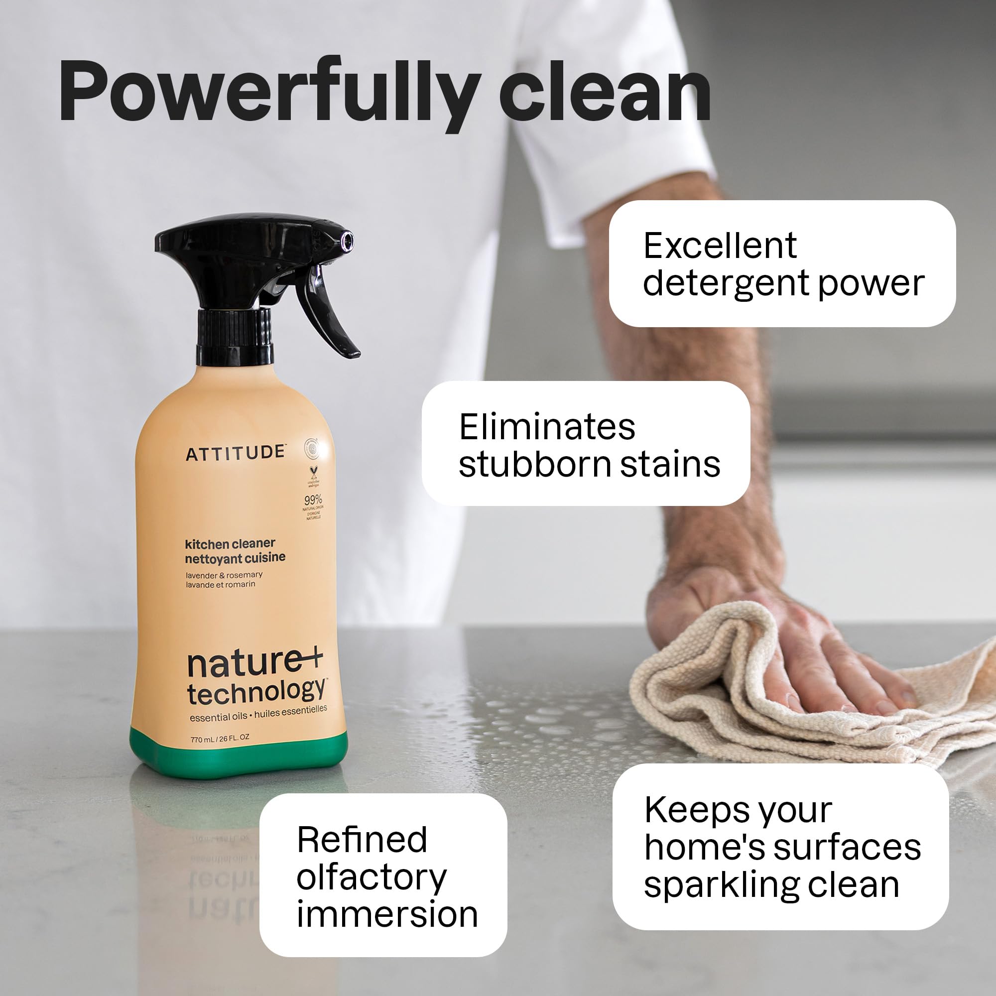 ATTITUDE Kitchen Cleaner Spray, EWG Verified, Degreaser Spray to Cut Grease & Grime, Plant-Based & Vegan, Lavender & Rosemary, 26 Fl Oz