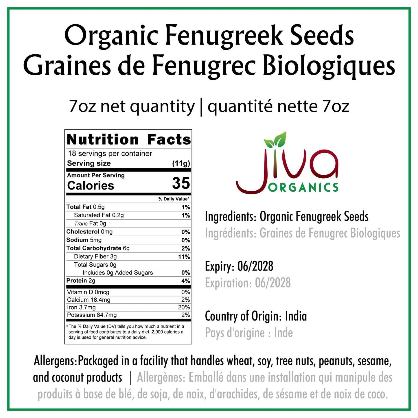 Jiva Organic Fenugreek Seeds 7 Ounce - Non-GMO, Gluten Free, All Natural Fenugreek Spice - Organic Fenugreek Seeds for Hair Growth, Cooking