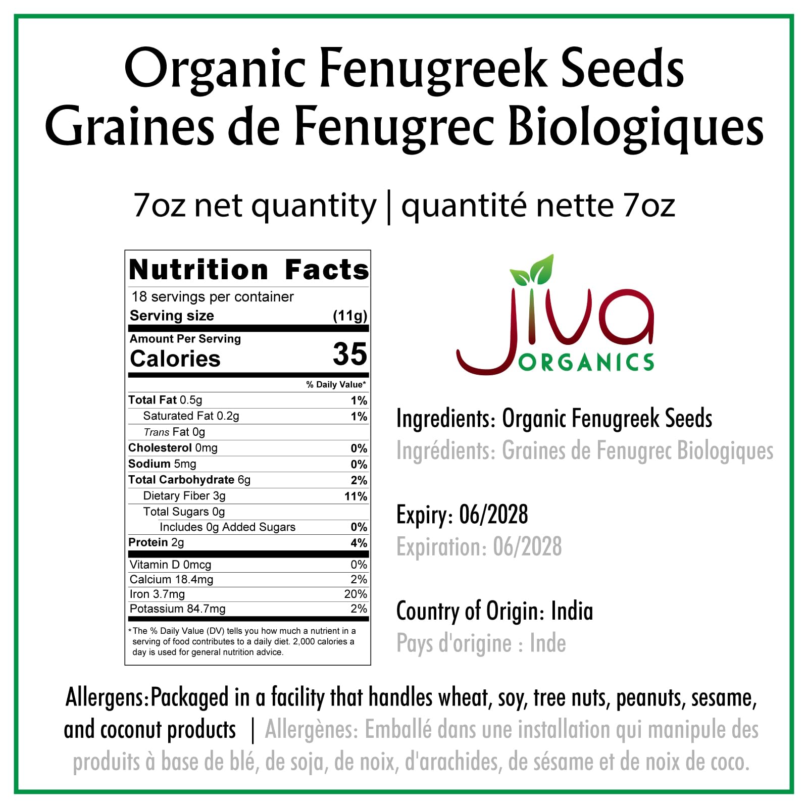 Jiva Organic Fenugreek Seeds 7 Ounce - Non-GMO, Gluten Free, All Natural Fenugreek Spice - Organic Fenugreek Seeds for Hair Growth, Cooking
