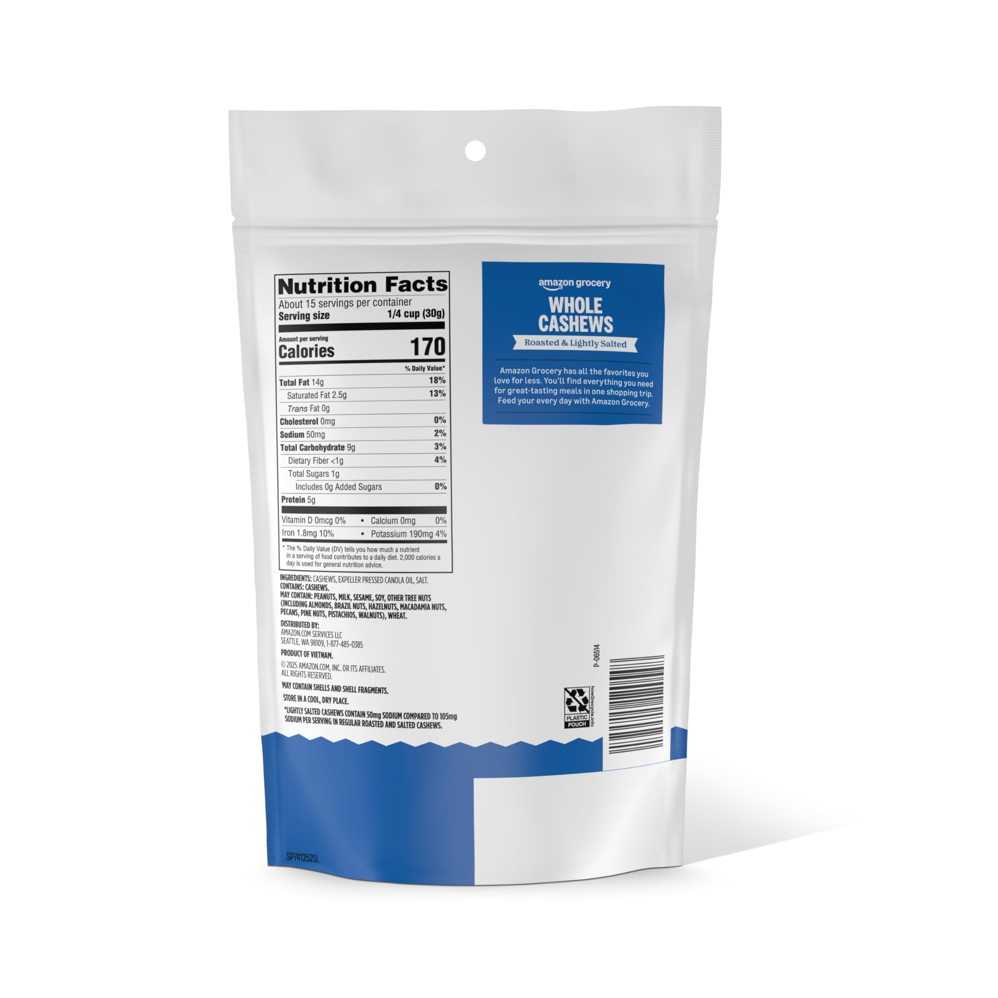 Amazon Grocery, Whole Cashews, Roasted & Lightly Salted, 16 Oz (Previously Happy Belly, Packaging May Vary)