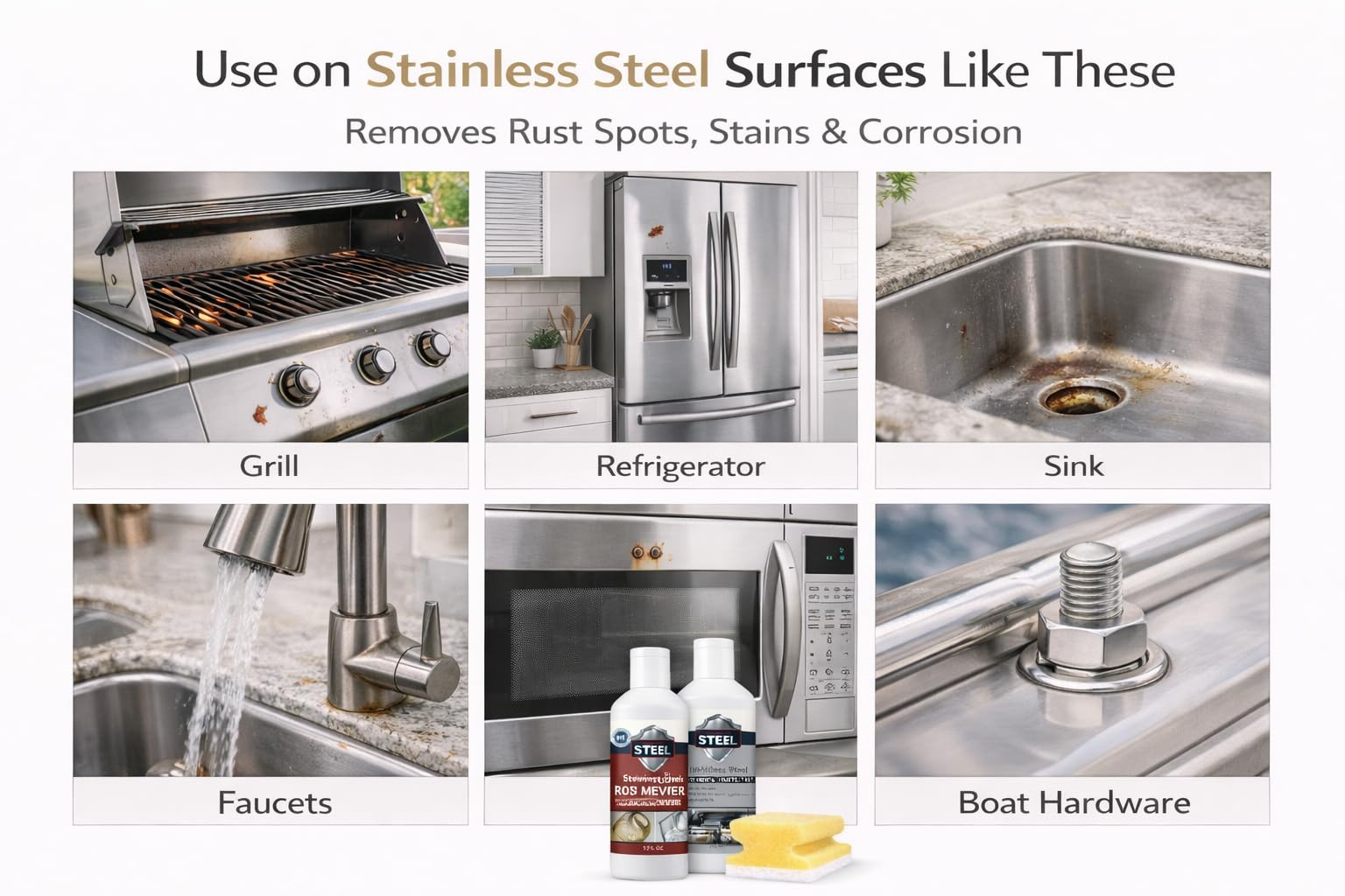 CLEAN MY STEEL Stainless Steel Rust Remover and Protector Kit, NSF Certified, 8.5 oz, Includes B570 Rust Remover, B580 Cleaner and Protector, Sponge
