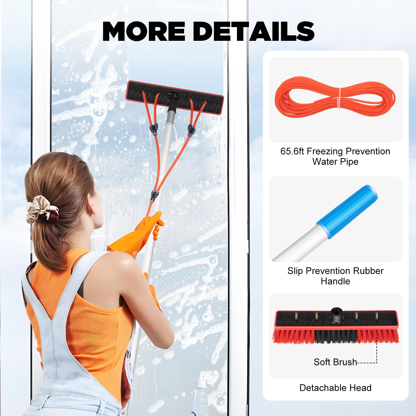 HIFMGHE 24ft Water Fed Pole Kit, Telescopic Solar Panel Cleaning Brush Kit, Car Glass Washing Equipment Tool, Outdoor Window Cleaner with 180°