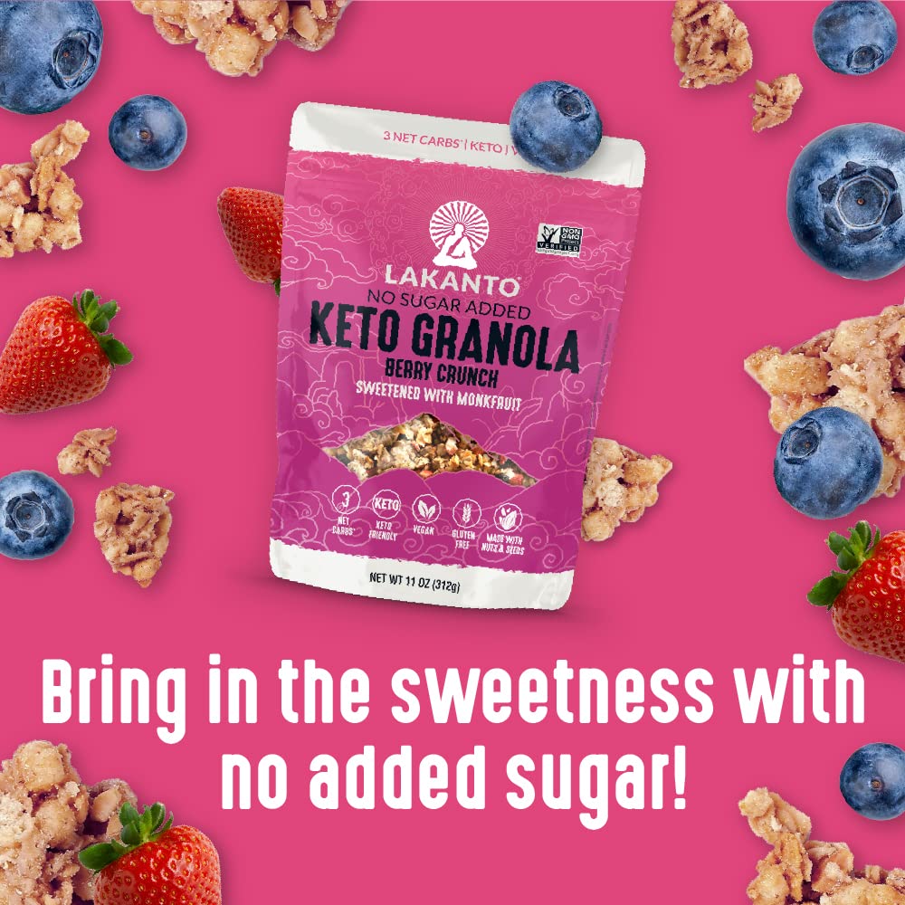 Lakanto Berry Crunch Granola - Delicious Snack, Quick Breakfast Cereal, Keto Friendly, Monk Fruit Sweetener, No Sugar Added, Vegan, Gluten Free, Grain