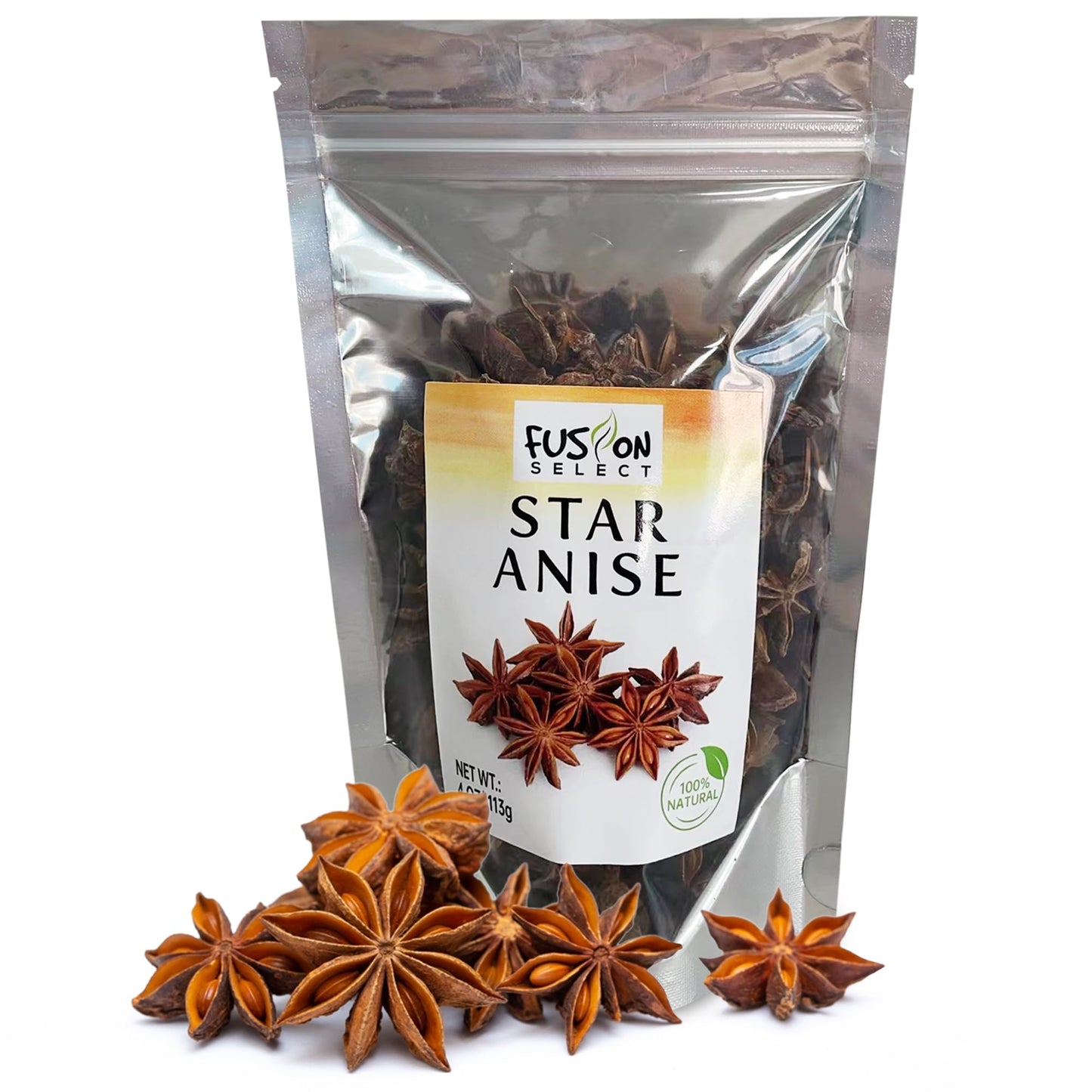 Fusion Select Dried Star Anise - Whole Badian Spice for Oriental & Indian Dishes & Recipes - Natural Herbs & Seasoning for Baking & Cooking - Packed