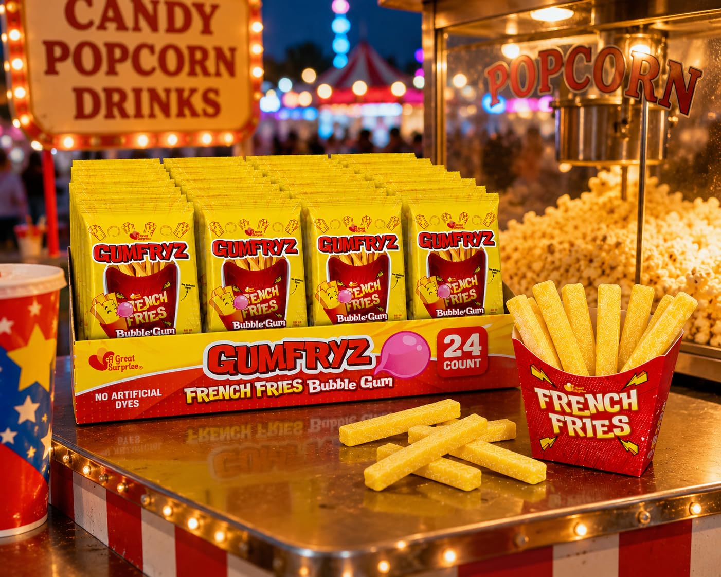 French Fries Bubble Gum - 24 Count Bulk Pack - Novelty Fry-Shaped Bubble Gum Bags - No Artificial Dyes - Fun Food Theme Party Candy