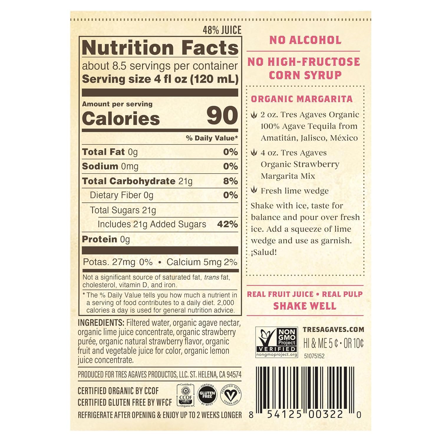 Tres Agaves Organic Strawberry Margarita & Daiquiri Mix - Real Strawberry Purée, Agave Nectar & Lime Juice - All-Natural, Non-GMO, Gluten-Free, Vegan