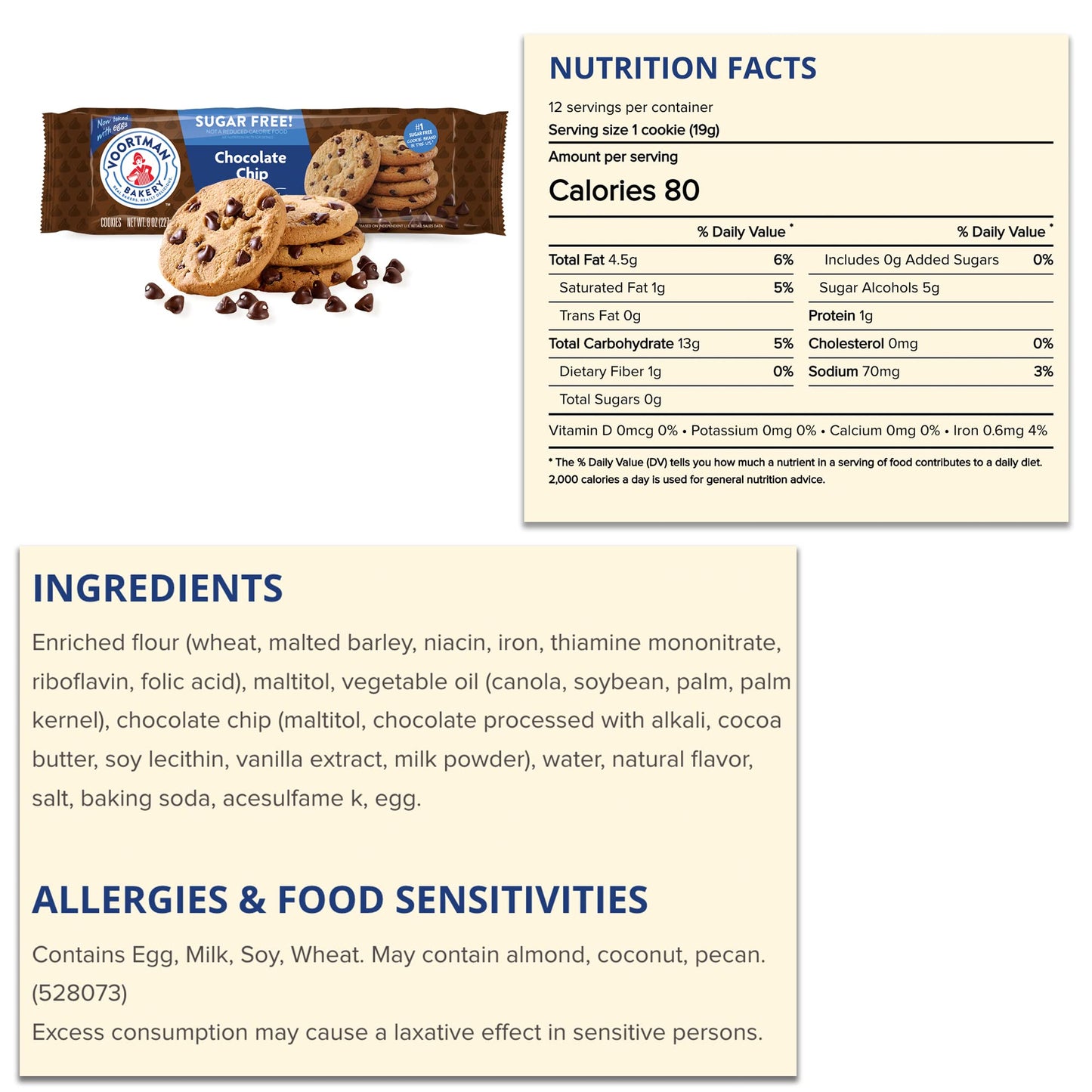 Voortman Sugar Free Cookies - Variety Pack - Chocolate Chip (1, 8oz pack) - Fudge Brownie Chocolate Chip (1, 8oz pack) - Pecan Chocolate Chip (1, 8oz