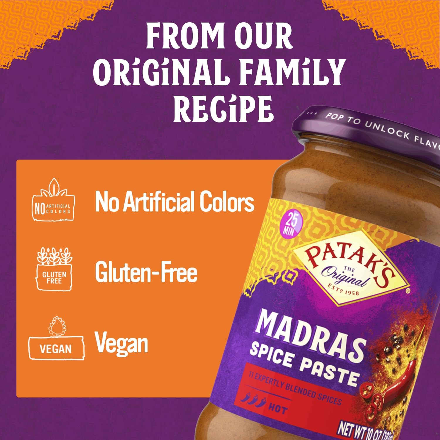 Patak's Madras Spice Paste, Hot Indian Curry with 11 Expertly Blended Spices, No Artificial Colors, Gluten-Free & Vegan, Bold Base for Home Cooking