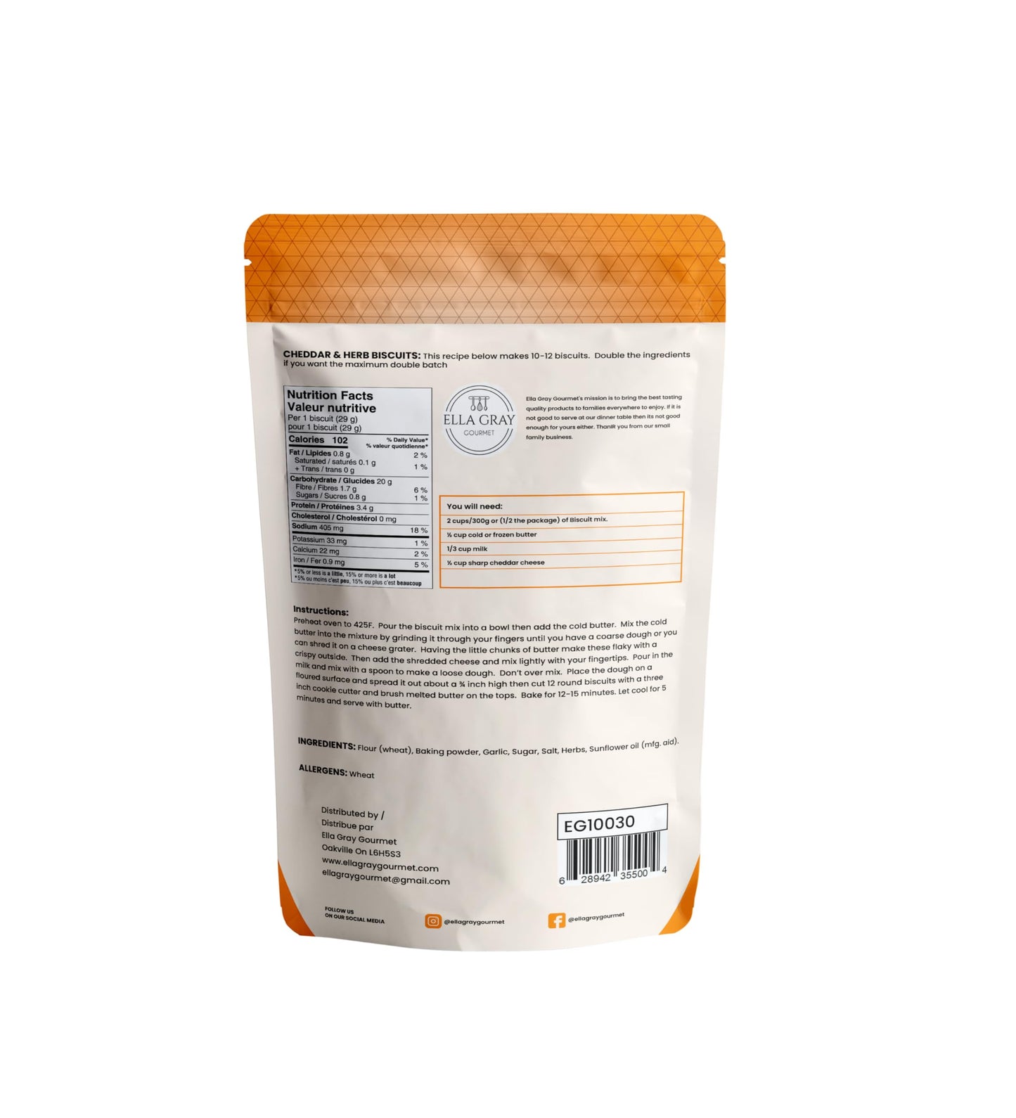 Ella Gray Gourmet Cheddar & Herb Biscuit Mix - 600g Makes a Double Batch Easy to Make Recipe Just add water and cheese and goes great dinner or save