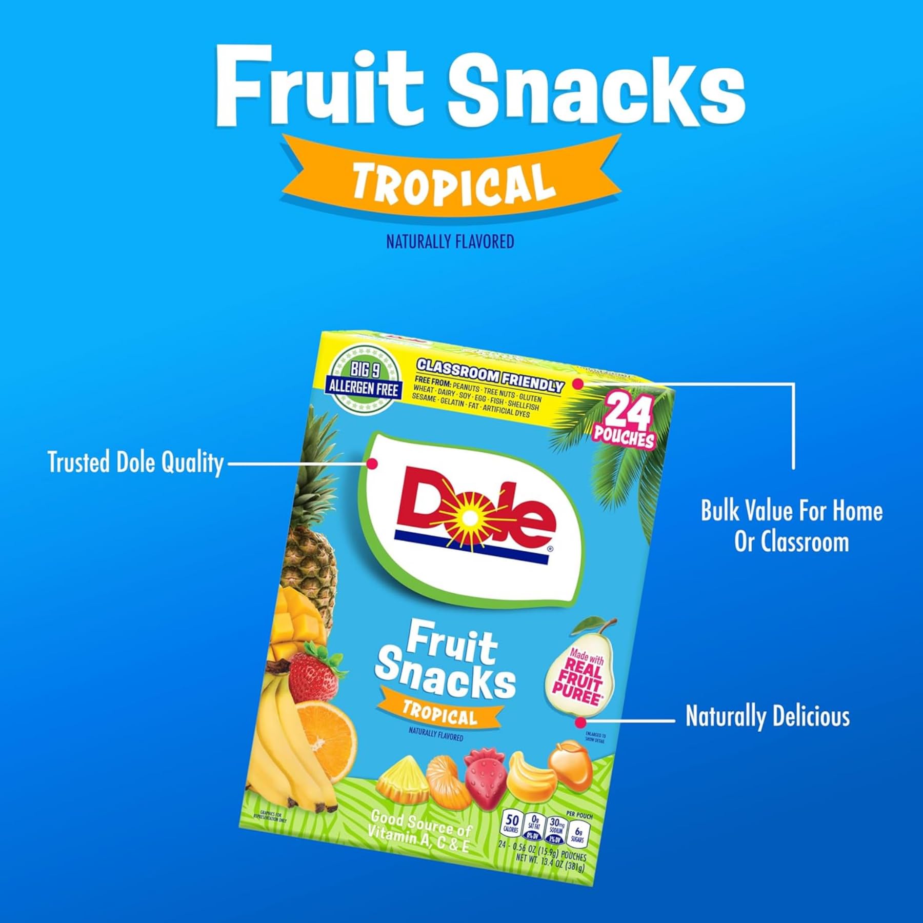 Dole Fruit Snacks, Tropical Flavors - Individually Wrapped Pouches - Classroom-Friendly, Top 9 Allergen Free, No Artificial Dyes, Natural Fruit Purée