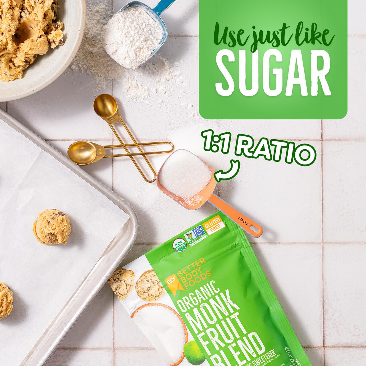 BetterBody Foods Organic Monk Fruit Sweetener Blend, Raw Cane Sugar Substitute, Zero Calorie, Keto Diet Friendly, Zero Net Carbs, Zero Glycemic