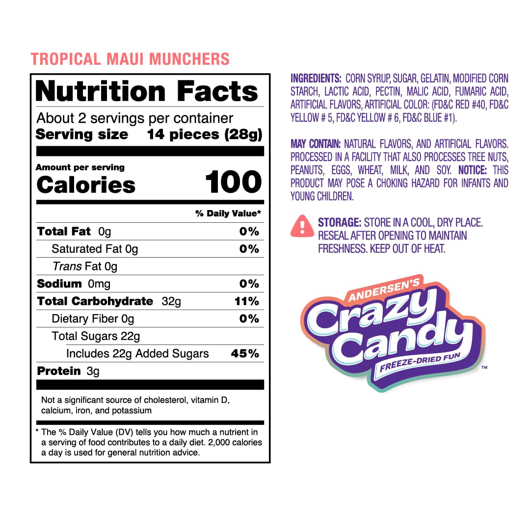 Freeze Dried Tropical Gummy Bears, Crazy Candy Maui Munchers - Pineapple Mango Dragon Fruit Flavors, Crunchy Fruit Candy, Resealable Package