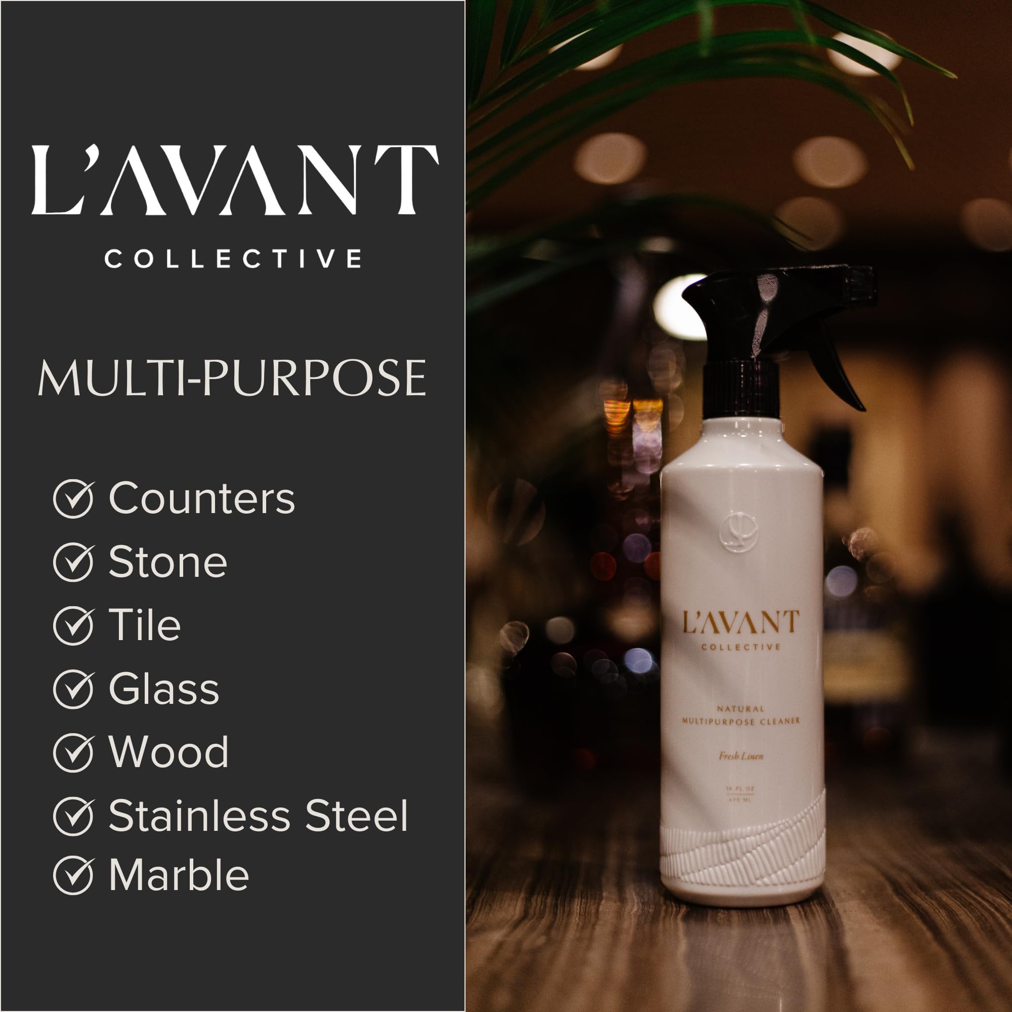 L'AVANT Collective Luxury Multipurpose Surface Cleaner | All Purpose Cleaning Spray, Plant-Based & Non-Toxic, EPA Safer Choice, Refillable Glass