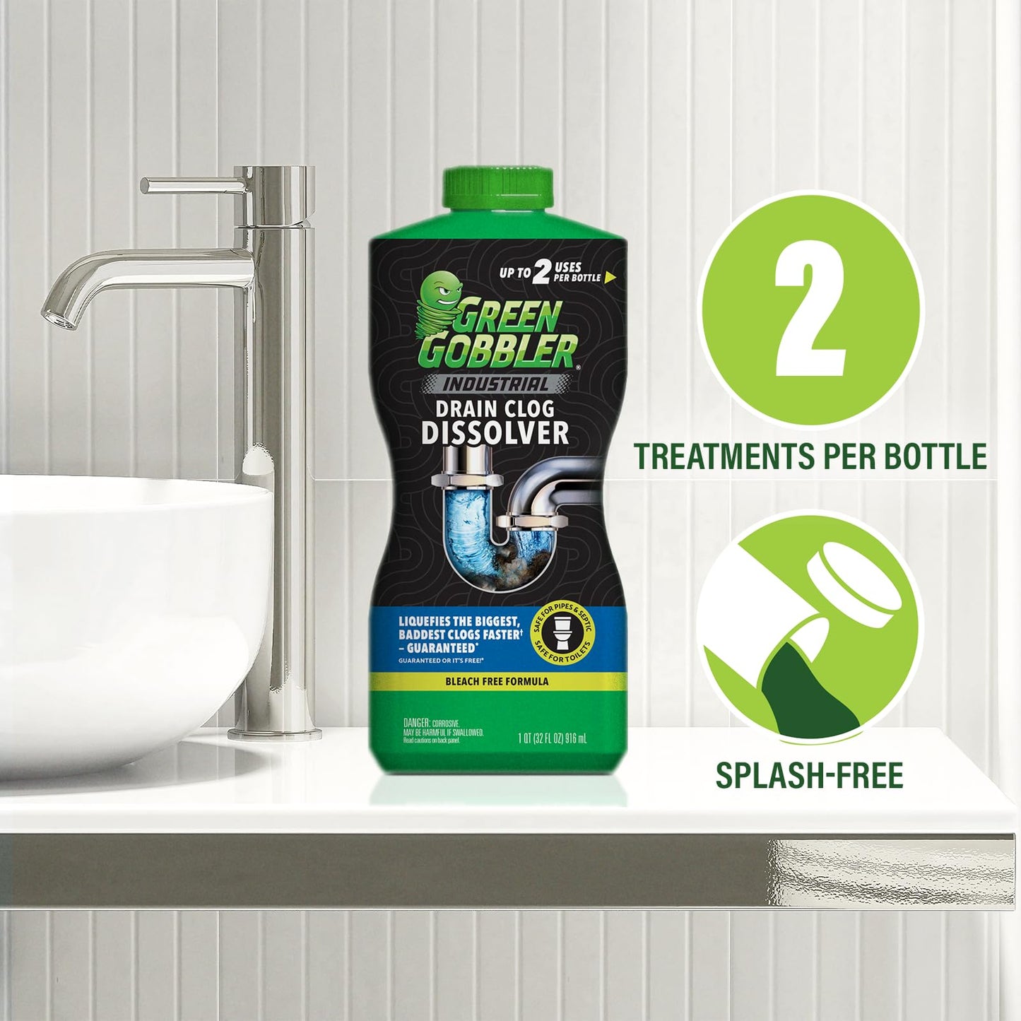 Green Gobbler Industrial Strength Grease and Hair Drain Clog Remover | Drain Cleaner Gel | Safe for Pipes, Toilets, Sinks, Tubs, Drains & Septic