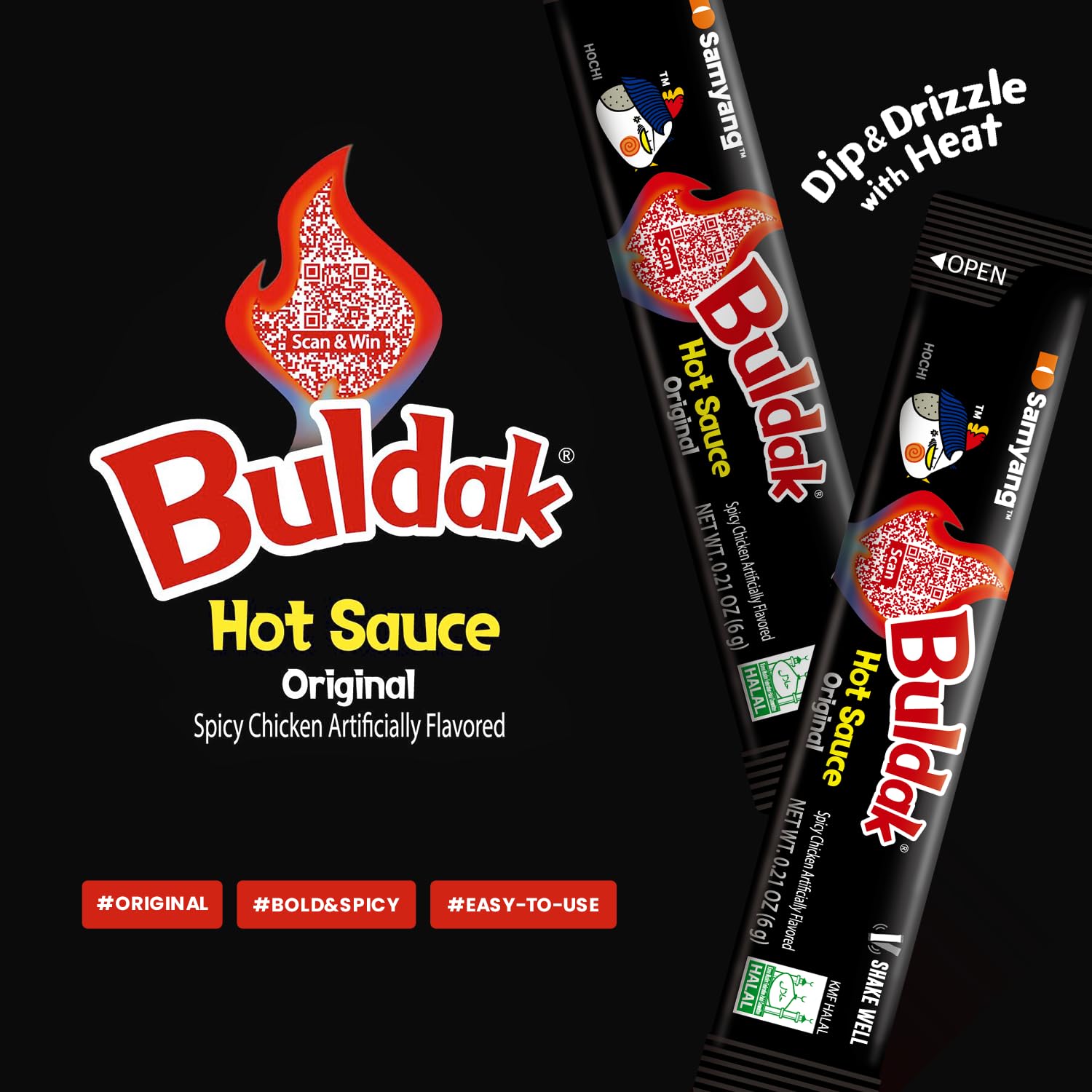 Samyang Buldak Korean Spicy Hot Chicken Stick Sauce Original Flavor Authentic Korean Sauce for Ramen Snacks and Dipping 0.17 fl oz (Pack of 50)
