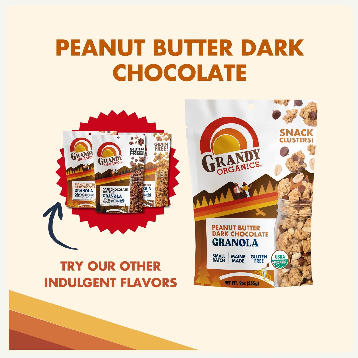 Grandy Organics Peanut Butter Dark Chocolate Granola Clusters - Certified Organic & Gluten Free - 6g Protein - Non GMO & Vegan - Peanuts, Chocolate
