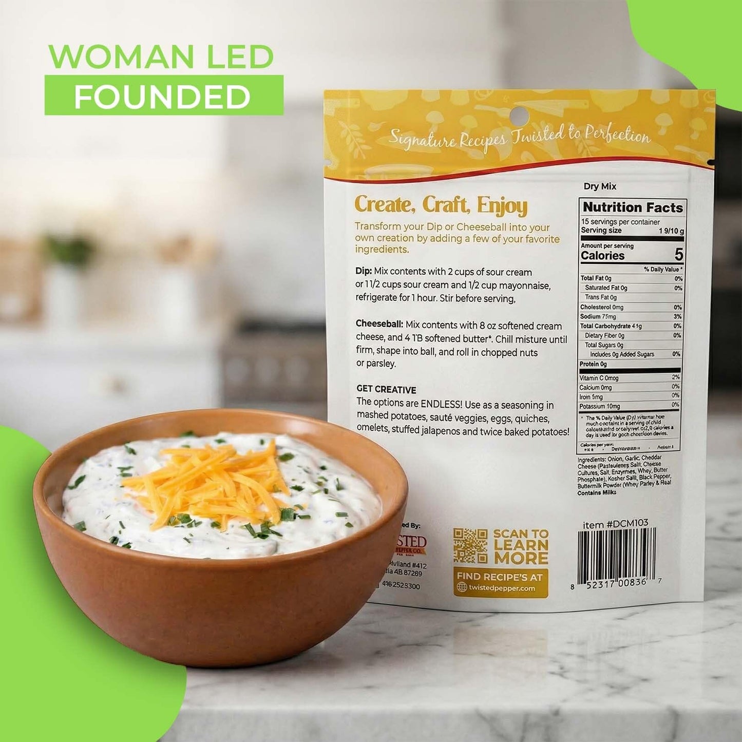 Twisted Pepper Co. Cheddar Onion Dip Mix | Dry Dips & Cheeseball Mixes | Gluten Free, Low Sodium, No Added MSG | Onion Dip Mix for Sour Cream or Mayo