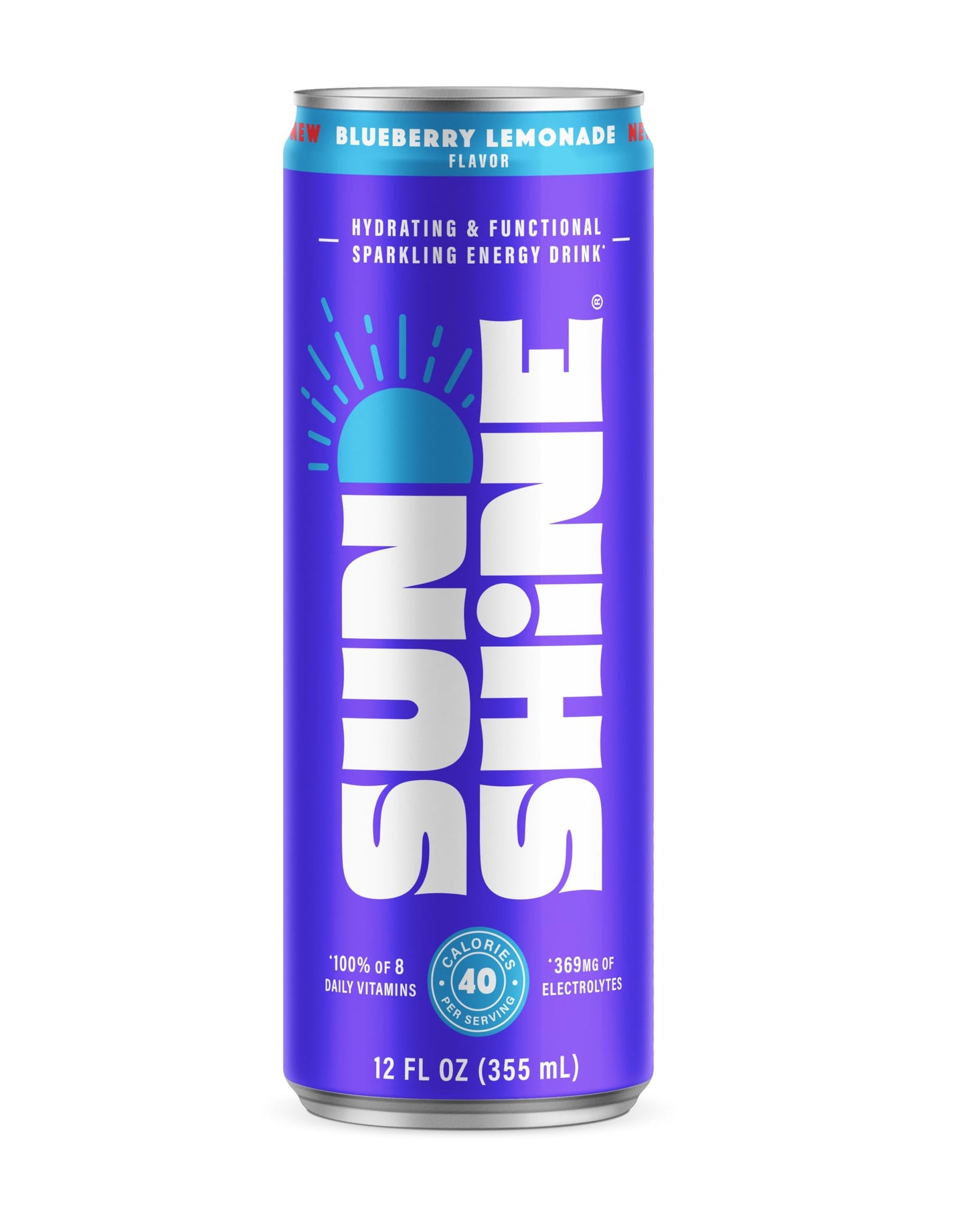 Sunshine Sparkling Energy Drink, Blueberry Lemonade with Daily Essential Vitamins, 360mg of Electrolytes, 70mg of Natural Caffeine, 12 Fl Oz (Pack