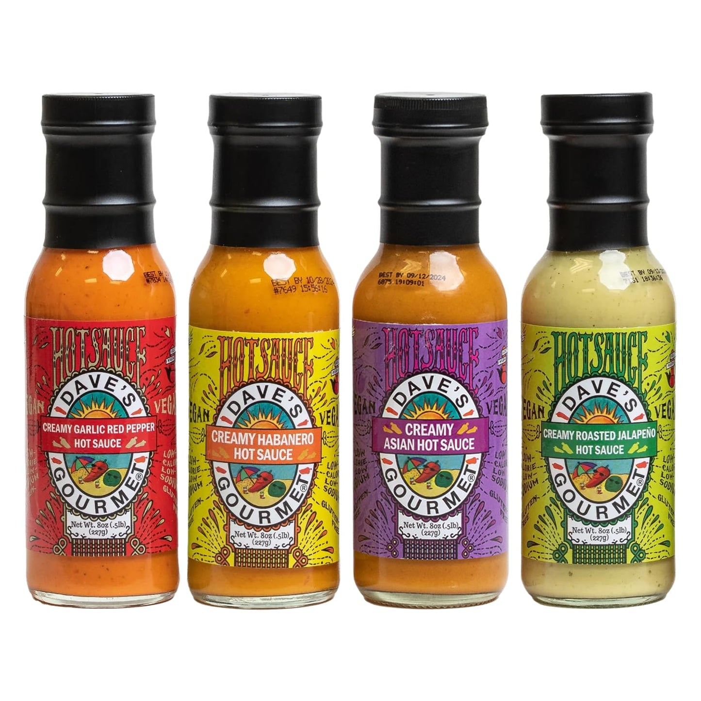 Dave’s Gourmet Creamy Hot Sauce Variety 4-Pack - Jalapeño, Garlic Red Pepper, Asian & Habanero Sauces - Medium Heat, Creamy Texture - Vegan