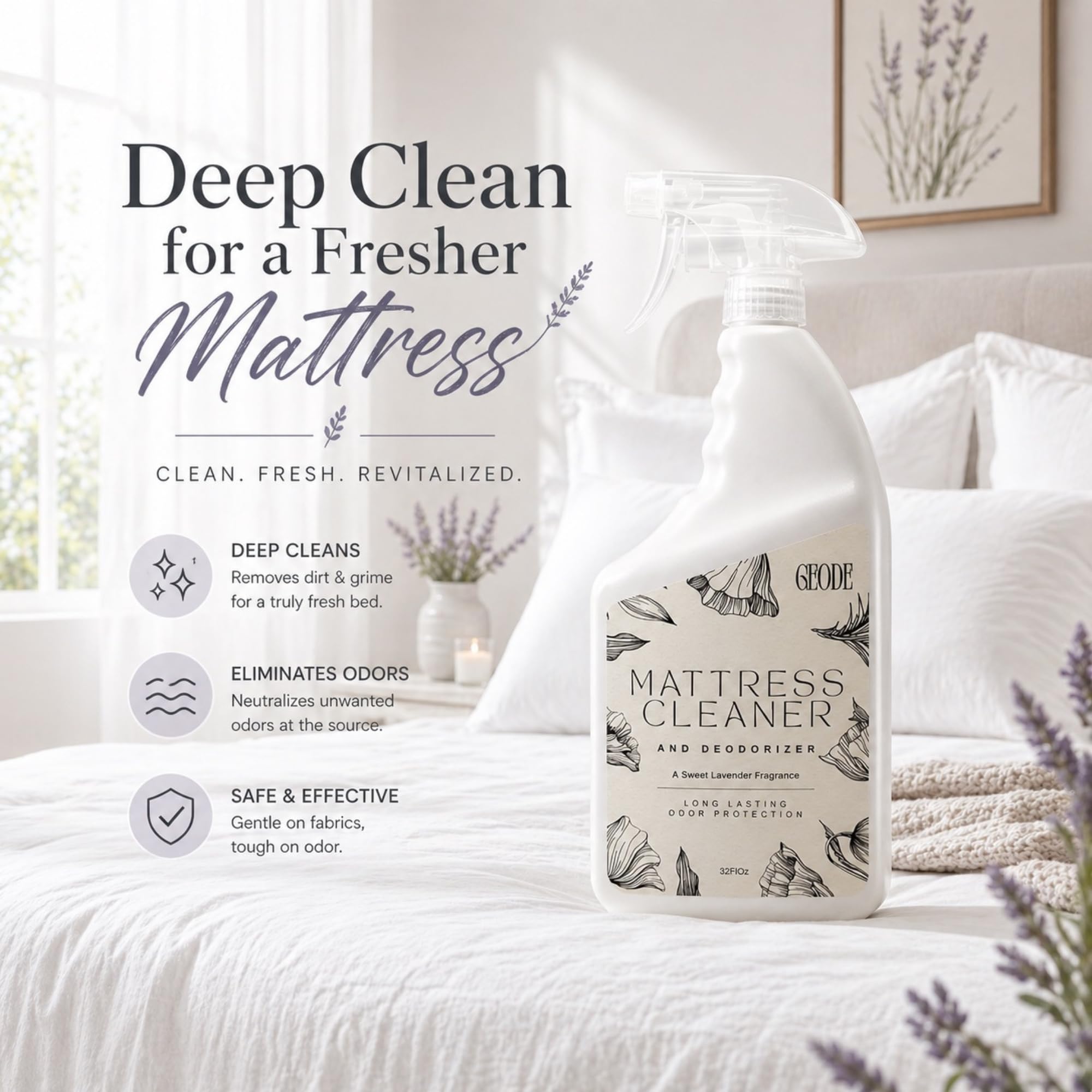 Geode Mattress Cleaner & Deodorizer - Natural Enzyme Formula for Stain & Odor Removal, Sweet Lavender Aroma, Eco-Friendly & Non-Toxic, Safe for All