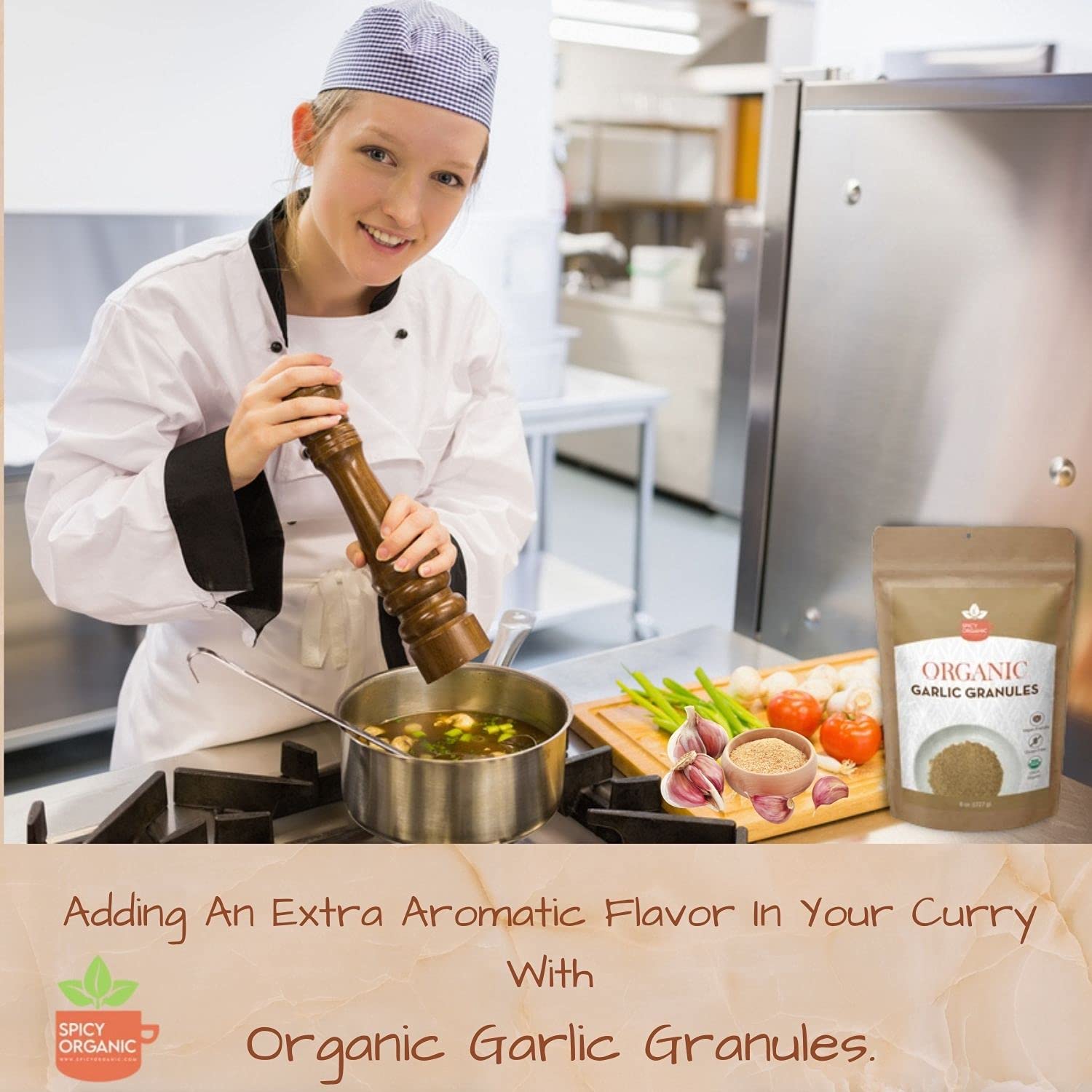 SPICY ORGANIC Garlic Granules - 100% USDA Organic- Premium Quality Granulated Garlic Powder for Mouthwatering Rubs on Beef, Pork, Fish, Poultry