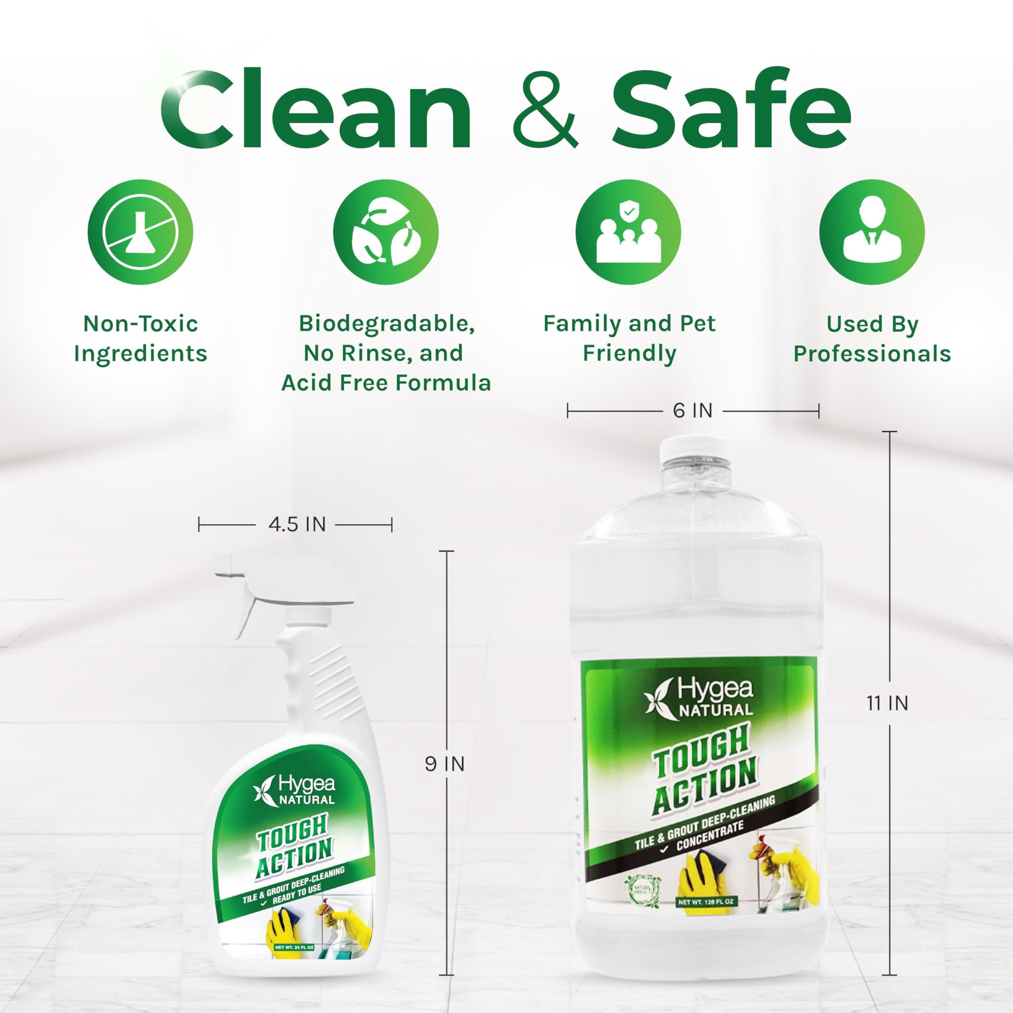 Hygea Natural Tough Action Tile & Grout Cleaner Duo - Deep Cleans Dirt & Scum, Conditions & Enhances Stone Color - Acid-Free & Residue-Free