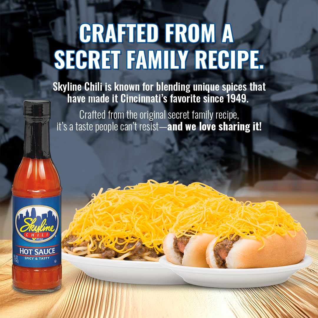 Skyline Chili Hot & Spicy Sauce - Authentic Cincinnati Restaurant-Style Secret Recipe with Tabasco, Cayenne, and Jalapeño Peppers, Gourmet Chili Sauce