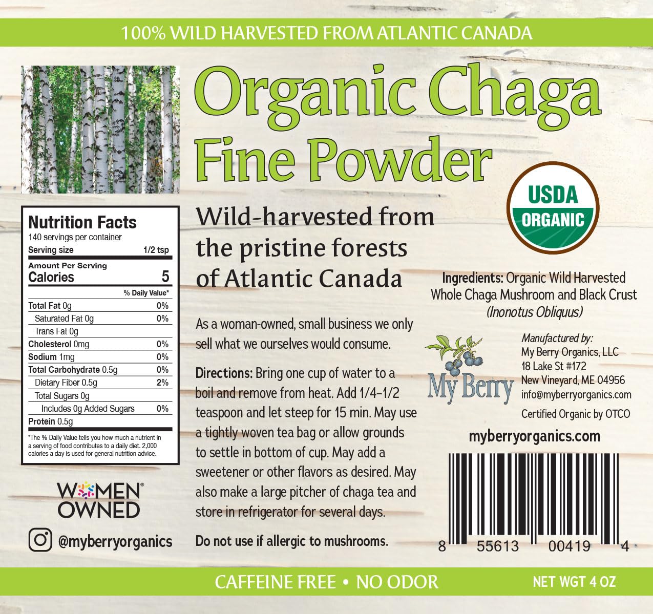 Organic Chaga Tea Fine Mushroom Powder by My Berry |100% Wild-Harvested from Atlantic Canada | 4oz | Herbal Tea | Raw Loose Powder | Additive-Free