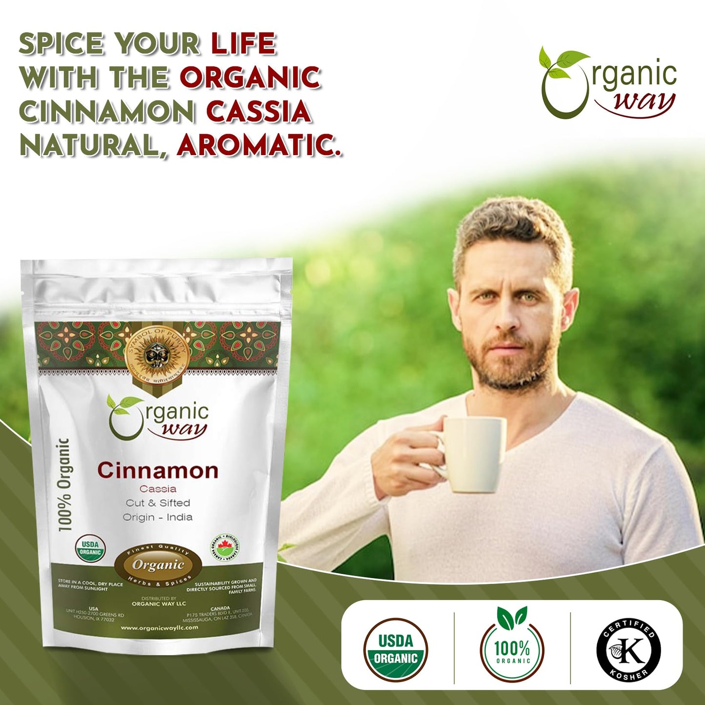 Organic Way Premium Cinnamon Cassia Cut & Sifted (Cinnamomum cassia) - Adds Flavour & Aroma | Organic & Kosher Certified | Vegan, Non GMO & Gluten