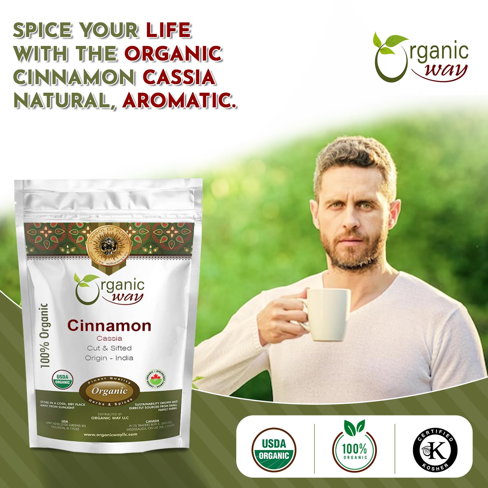 Organic Way Premium Cinnamon Cassia Cut & Sifted (Cinnamomum cassia) - Adds Flavour & Aroma | Organic & Kosher Certified | Vegan, Non GMO & Gluten