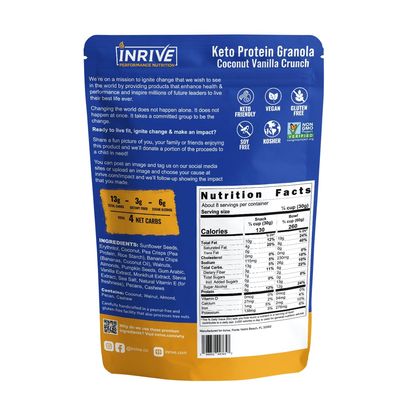 Inrive Keto High-Protein Gluten-Free Granola (Coconut Vanilla Crunch) Non-GMO, No Sugar Added, Vegan, Kosher, Soy-Free, 8oz, 3-pack