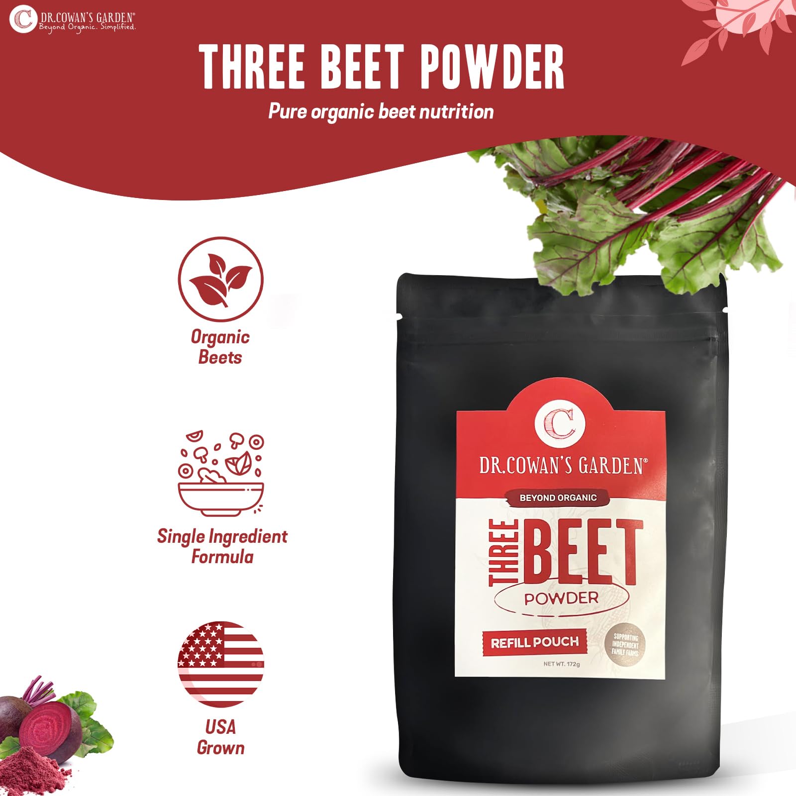 Dr. Cowan’s Garden Organic Three Beet Powder Refill Pouch - Certified Detroit Red, Chiogga & Golden Beets - USA Grown Beetroot Powder in Miron Glass