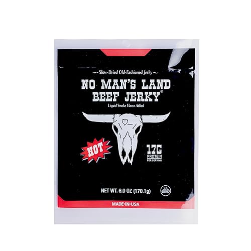 No Mans Land Slow-Dried Beef Jerky | 17G Protein, Low Carb, Low Calorie Beef Snack | Smoked & Seasoned Jerky Strips | HOT 6oz Bag