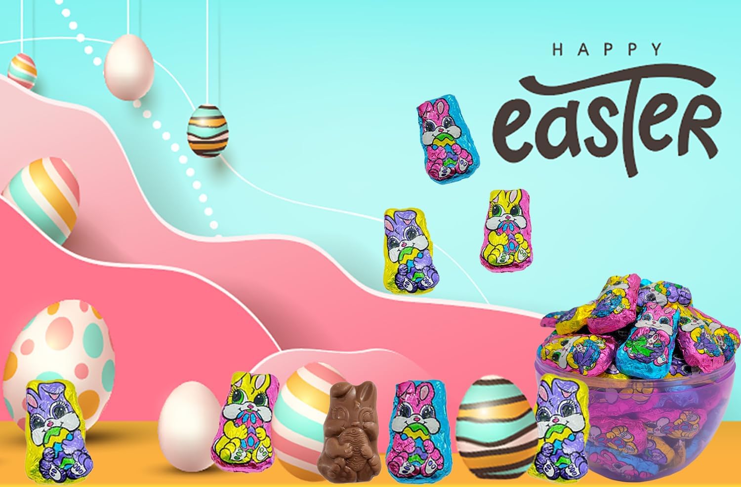 10 Pounds Easter Milk Chocolate Bunnies, Smooth & Creamy Party Bag Fillers, Individually Wrapped Multicolor Foils Approx 400 Pcs